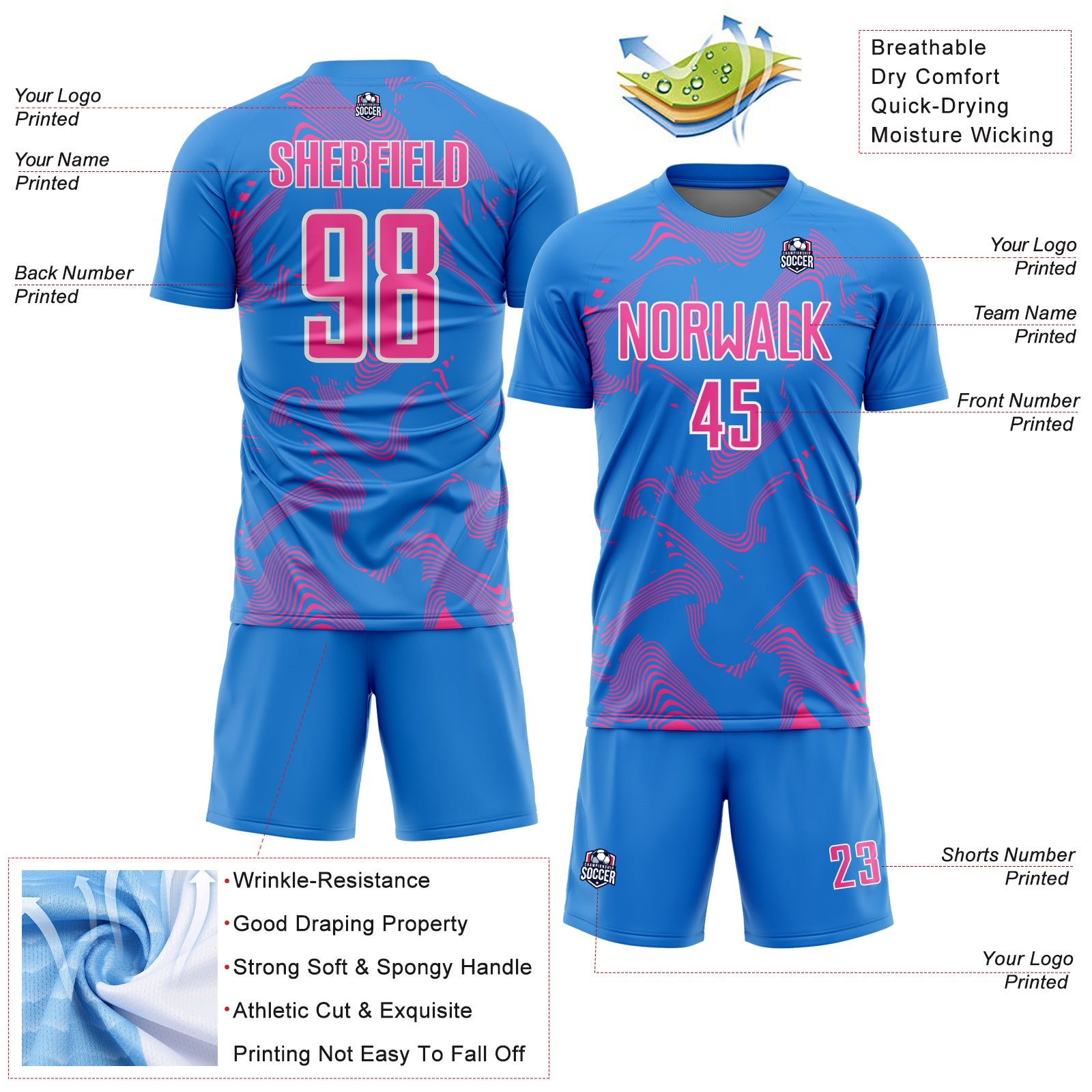 Custom Powder Blue Pink-White Curve Lines Sports Sublimation Soccer Uniform Jersey