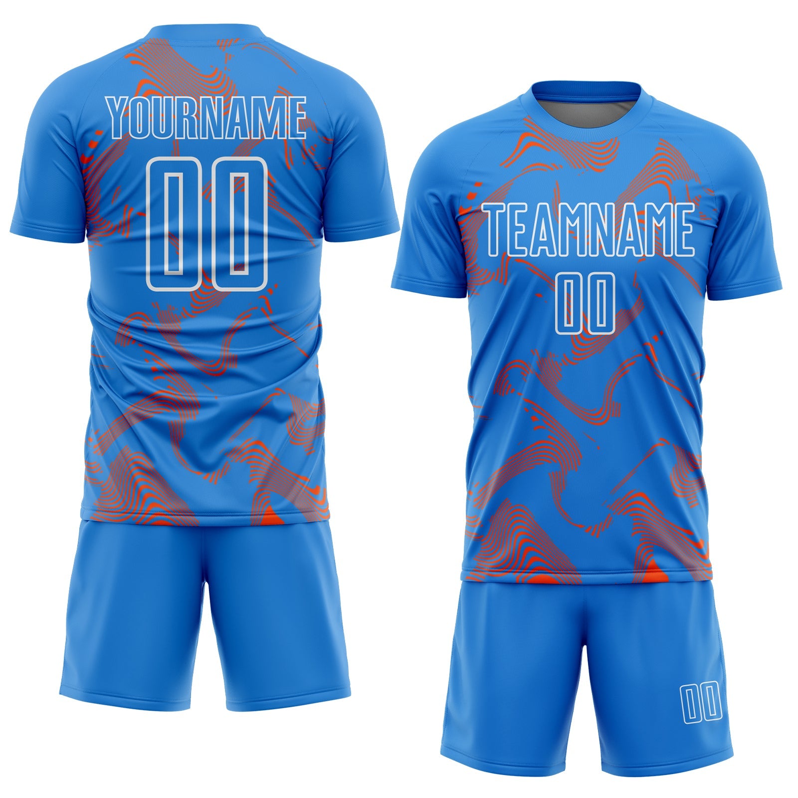 Custom Powder Blue Orange-White Curve Lines Sports Sublimation Soccer Uniform Jersey