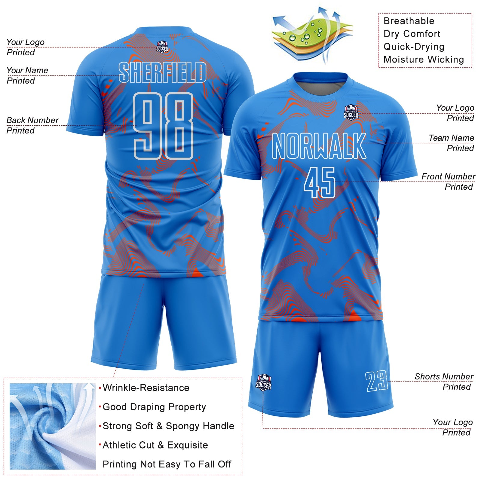 Custom Powder Blue Orange-White Curve Lines Sports Sublimation Soccer Uniform Jersey