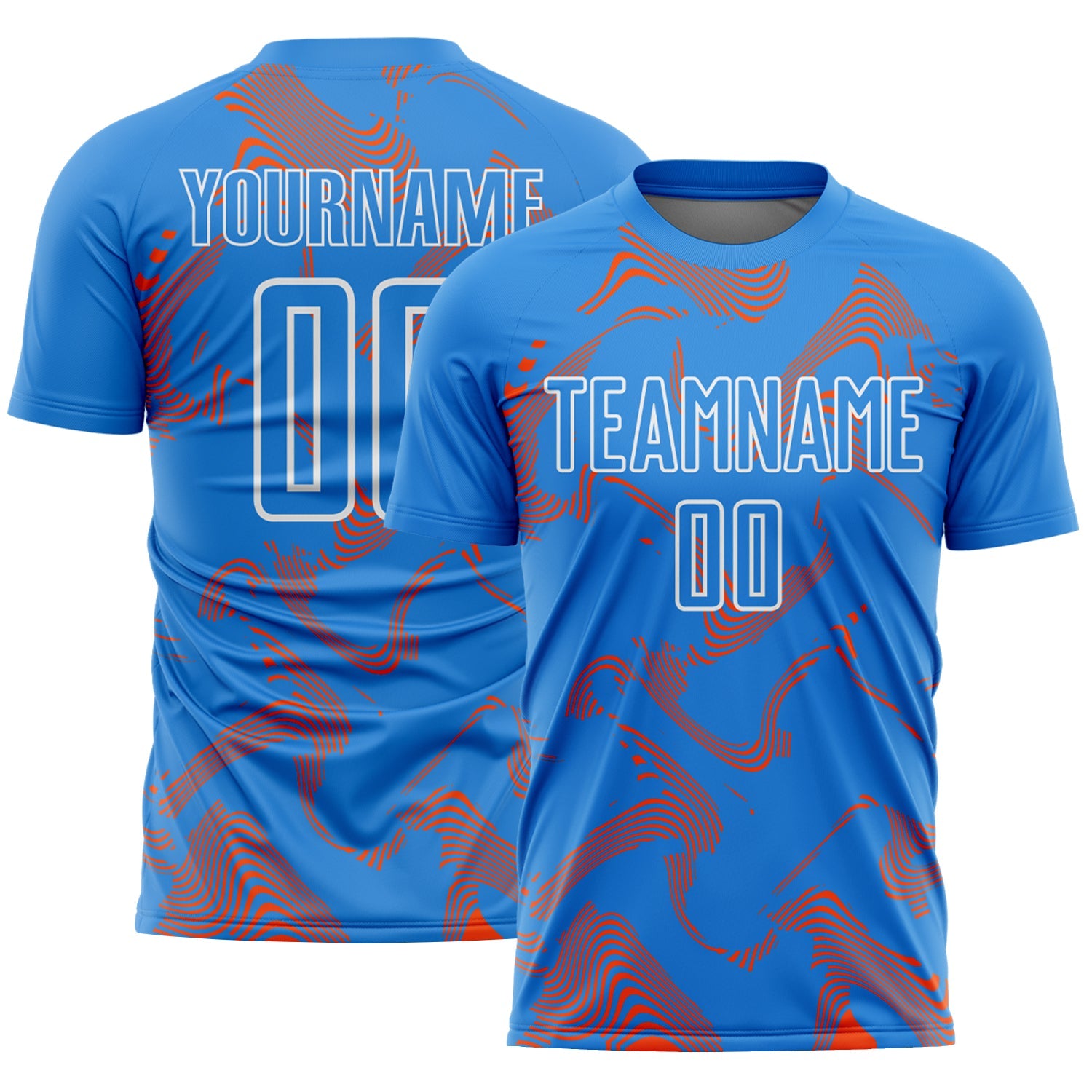 Custom Powder Blue Orange-White Curve Lines Sports Sublimation Soccer Uniform Jersey
