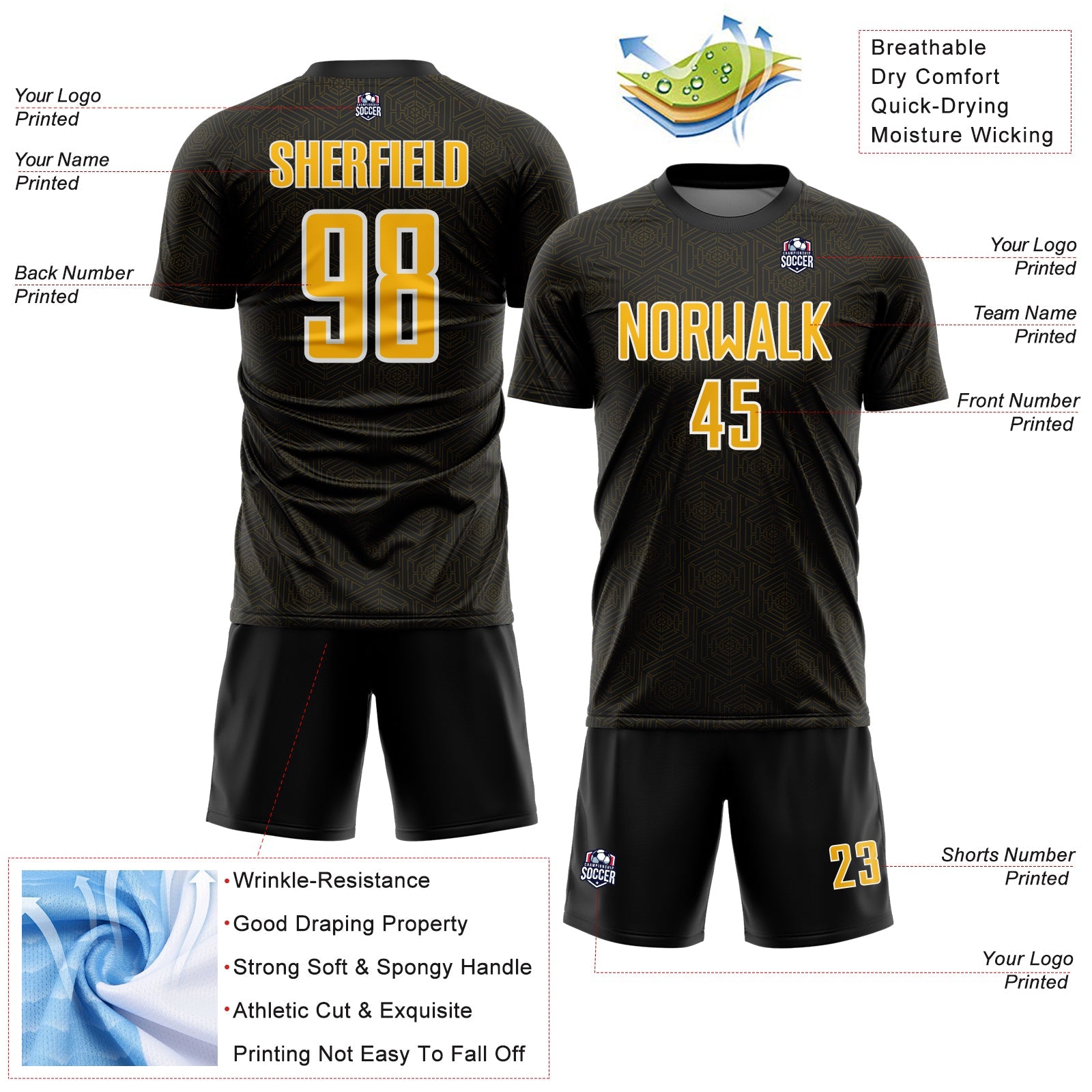 Custom Black Gold-White Geometric Shape Sports Sublimation Soccer Uniform Jersey