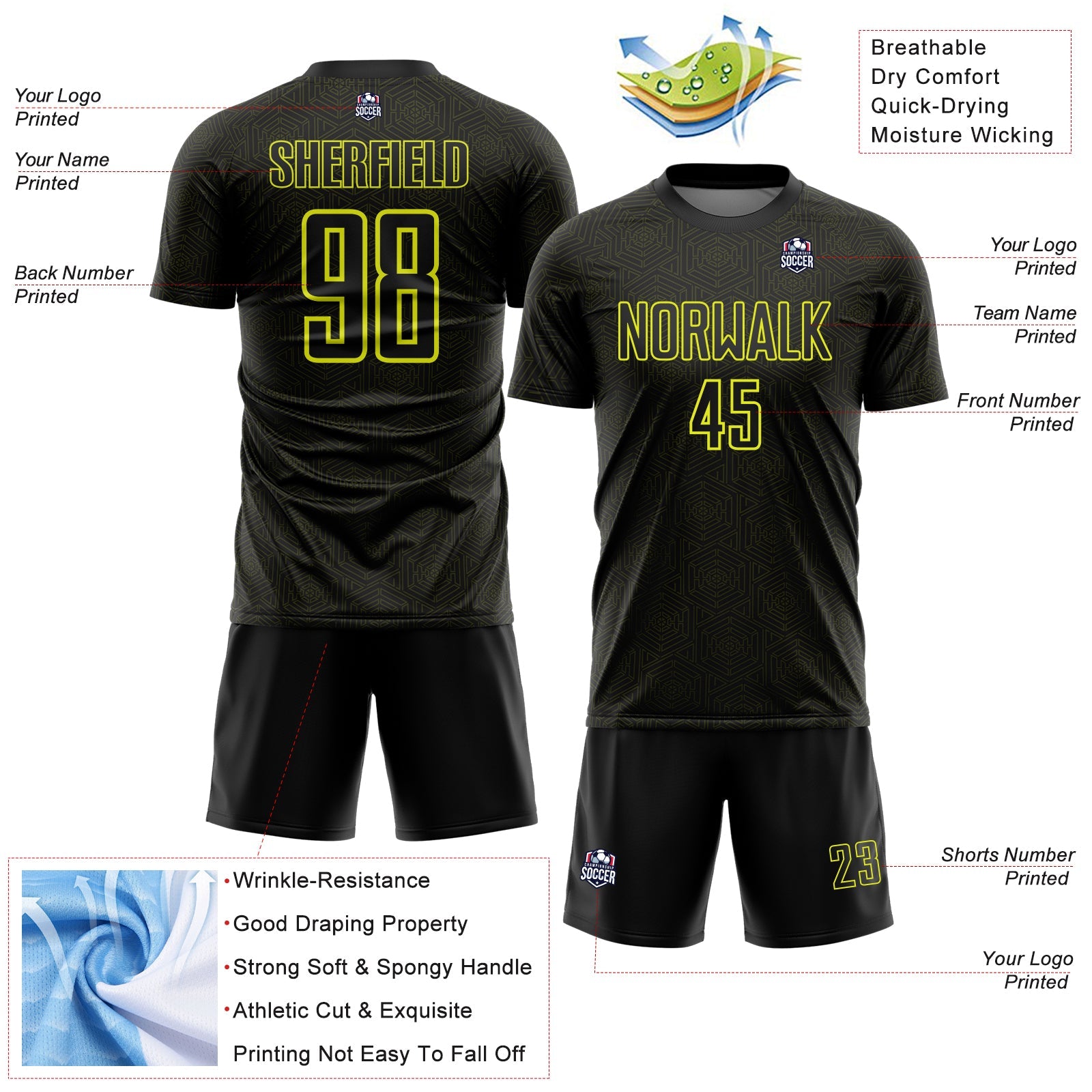 Custom Black Neon Yellow Geometric Shape Sports Sublimation Soccer Uniform Jersey