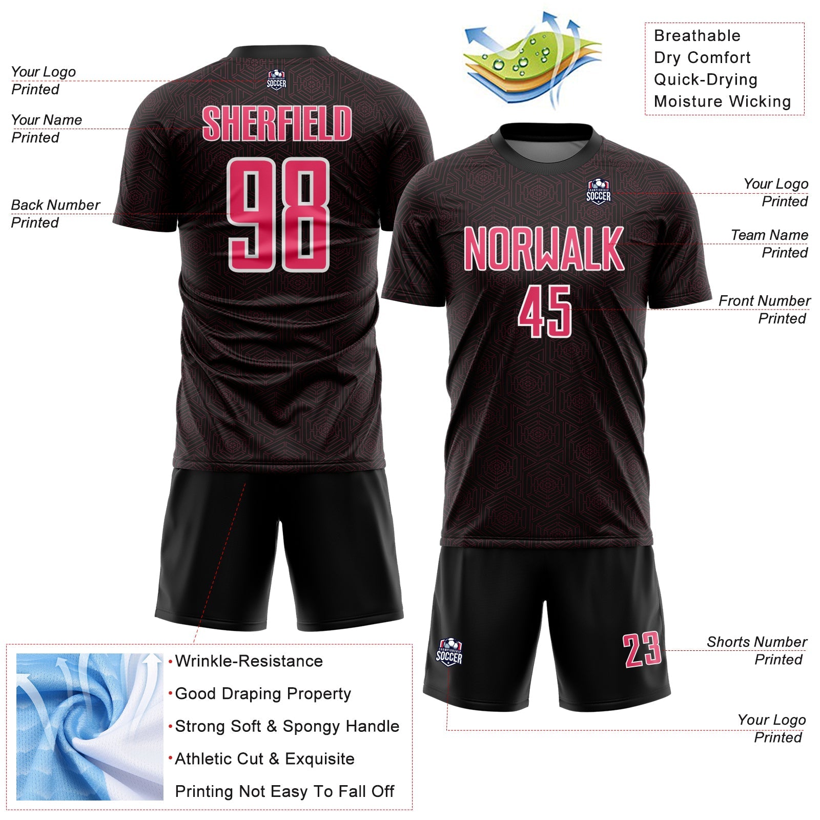 Custom Black Neon Pink-White Geometric Shape Sports Sublimation Soccer Uniform Jersey