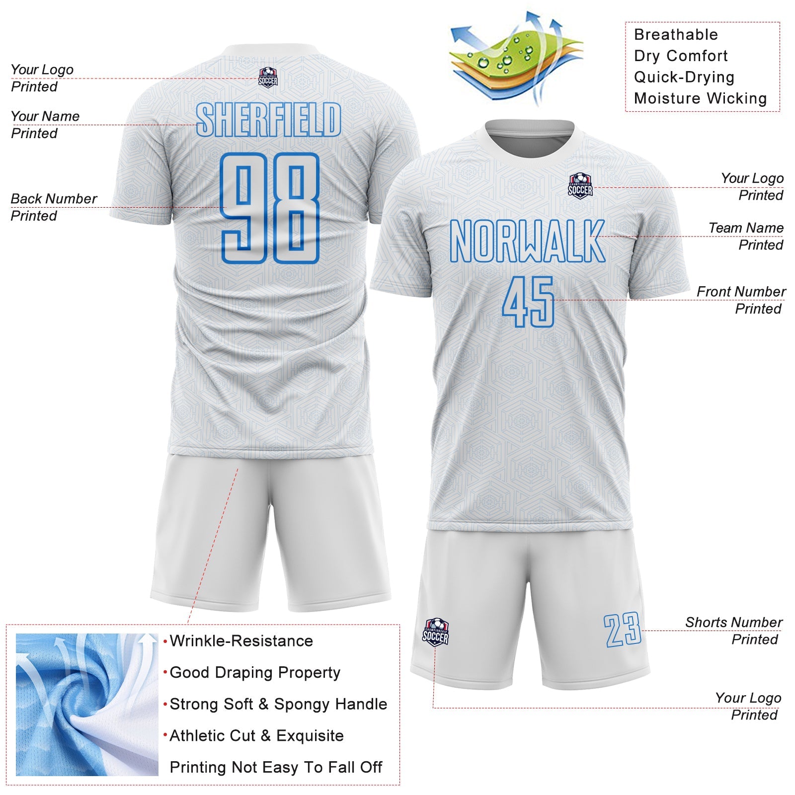 Custom White Powder Blue Geometric Shape Sports Sublimation Soccer Uniform Jersey