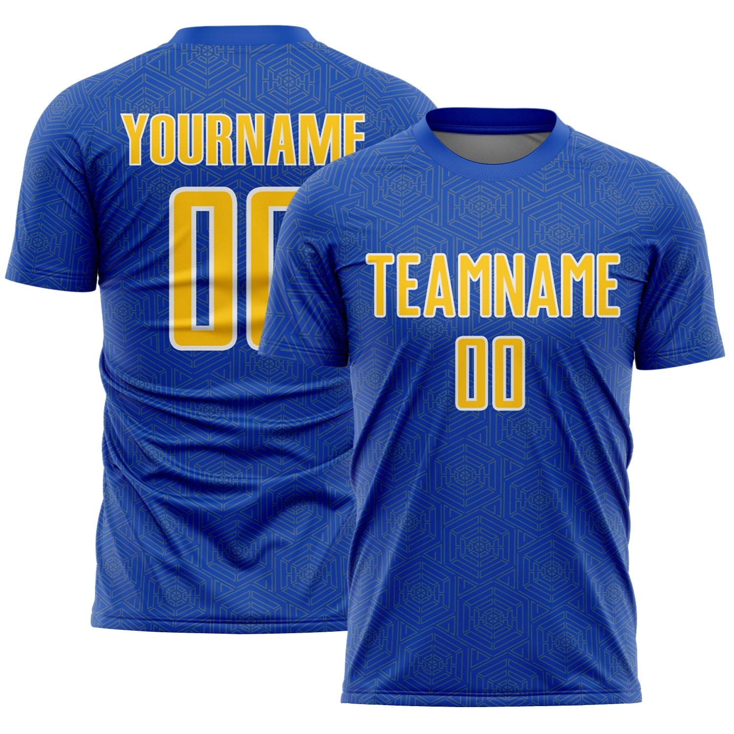 Custom Thunder Blue Yellow-White Geometric Shape Sports Sublimation Soccer Uniform Jersey