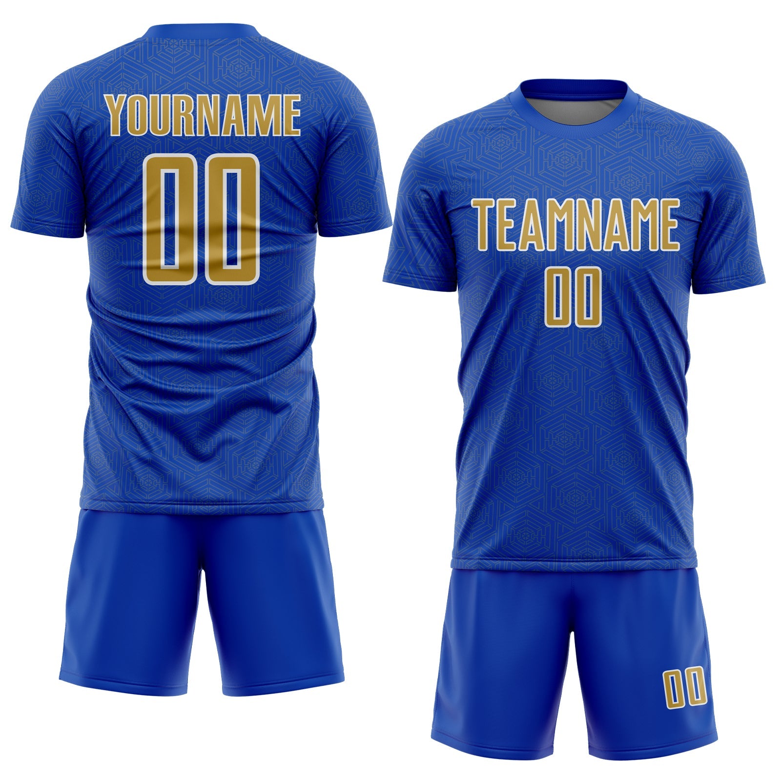 Custom Thunder Blue Old Gold-White Geometric Shape Sports Sublimation Soccer Uniform Jersey