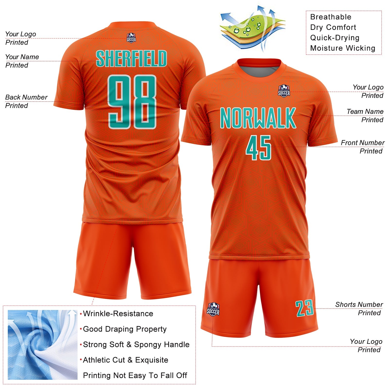 Custom Orange Aqua-White Geometric Shape Sports Sublimation Soccer Uniform Jersey
