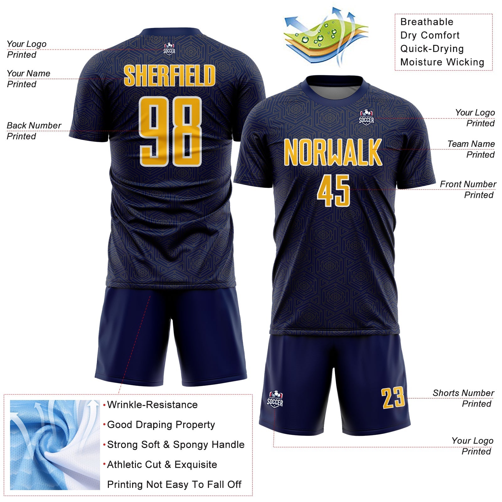 Custom Navy Gold-White Geometric Shape Sports Sublimation Soccer Uniform Jersey