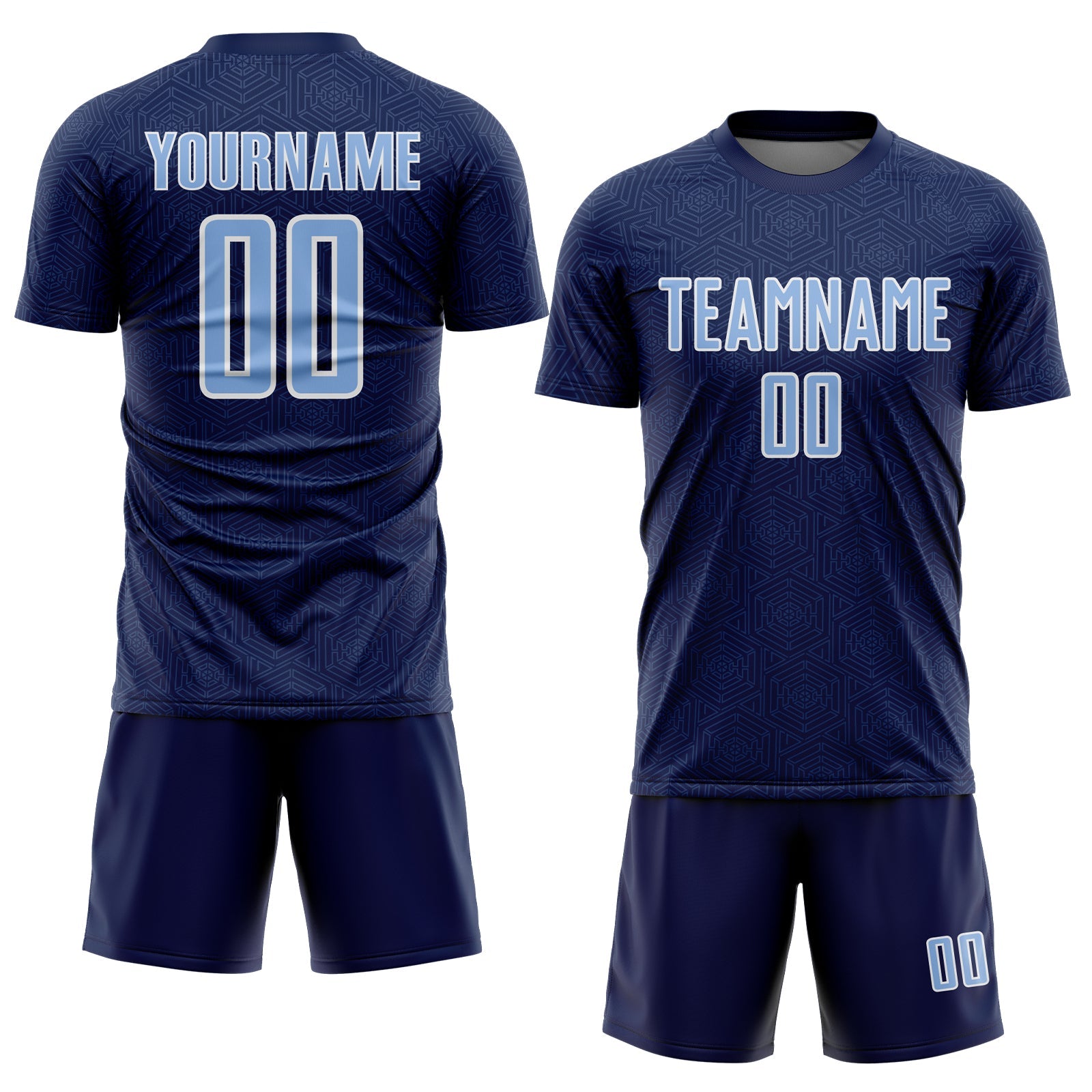 Custom Navy Light Blue-White Geometric Shape Sports Sublimation Soccer Uniform Jersey