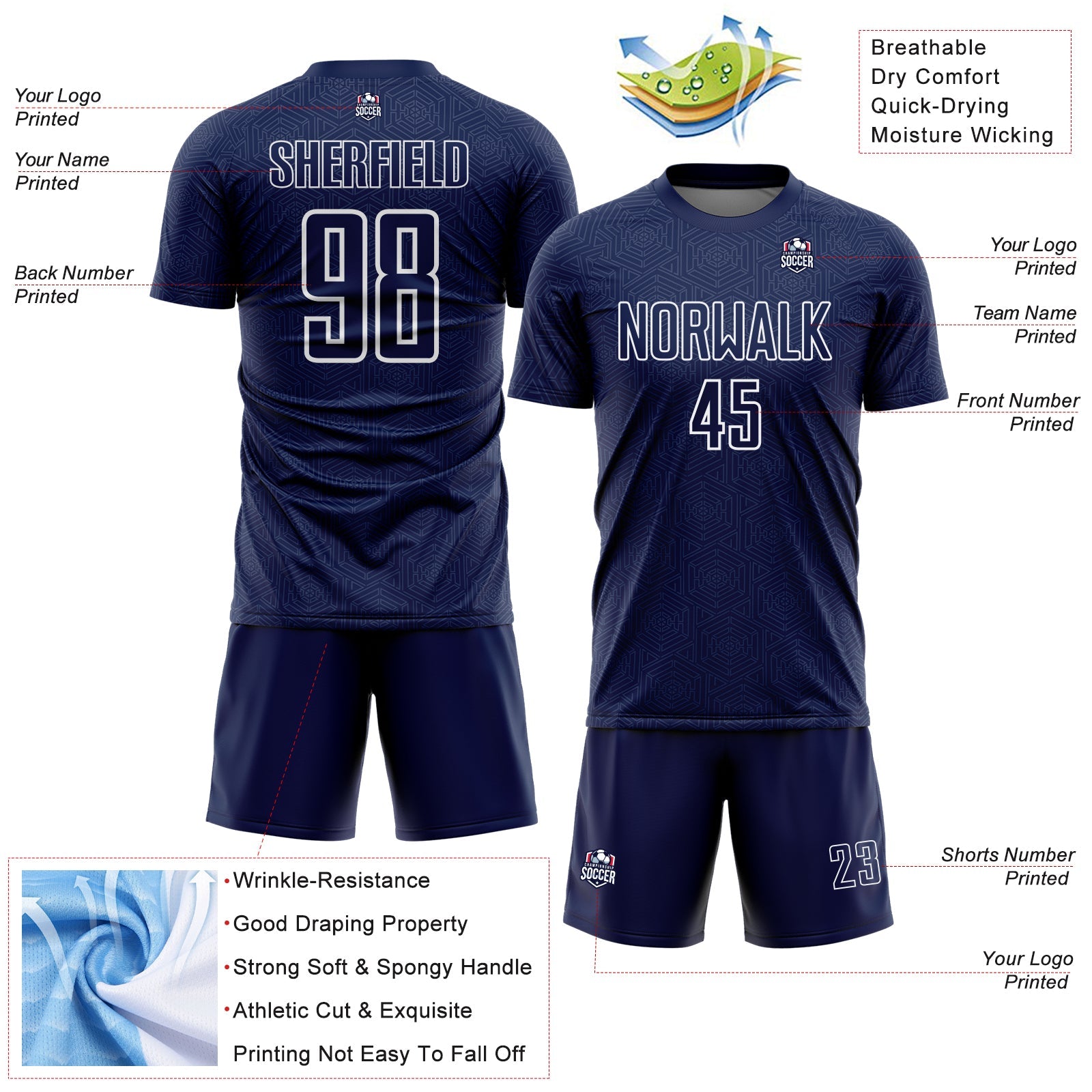 Custom Navy White Geometric Shape Sports Sublimation Soccer Uniform Jersey