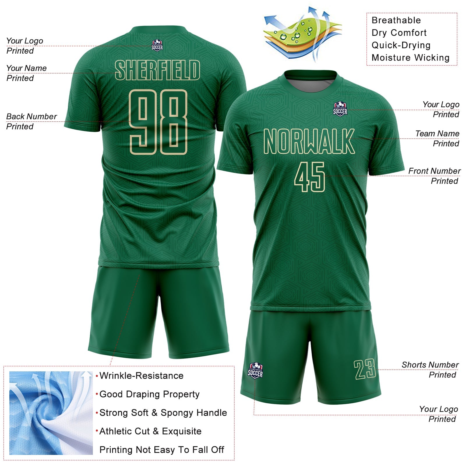 Custom Kelly Green Cream Geometric Shape Sports Sublimation Soccer Uniform Jersey