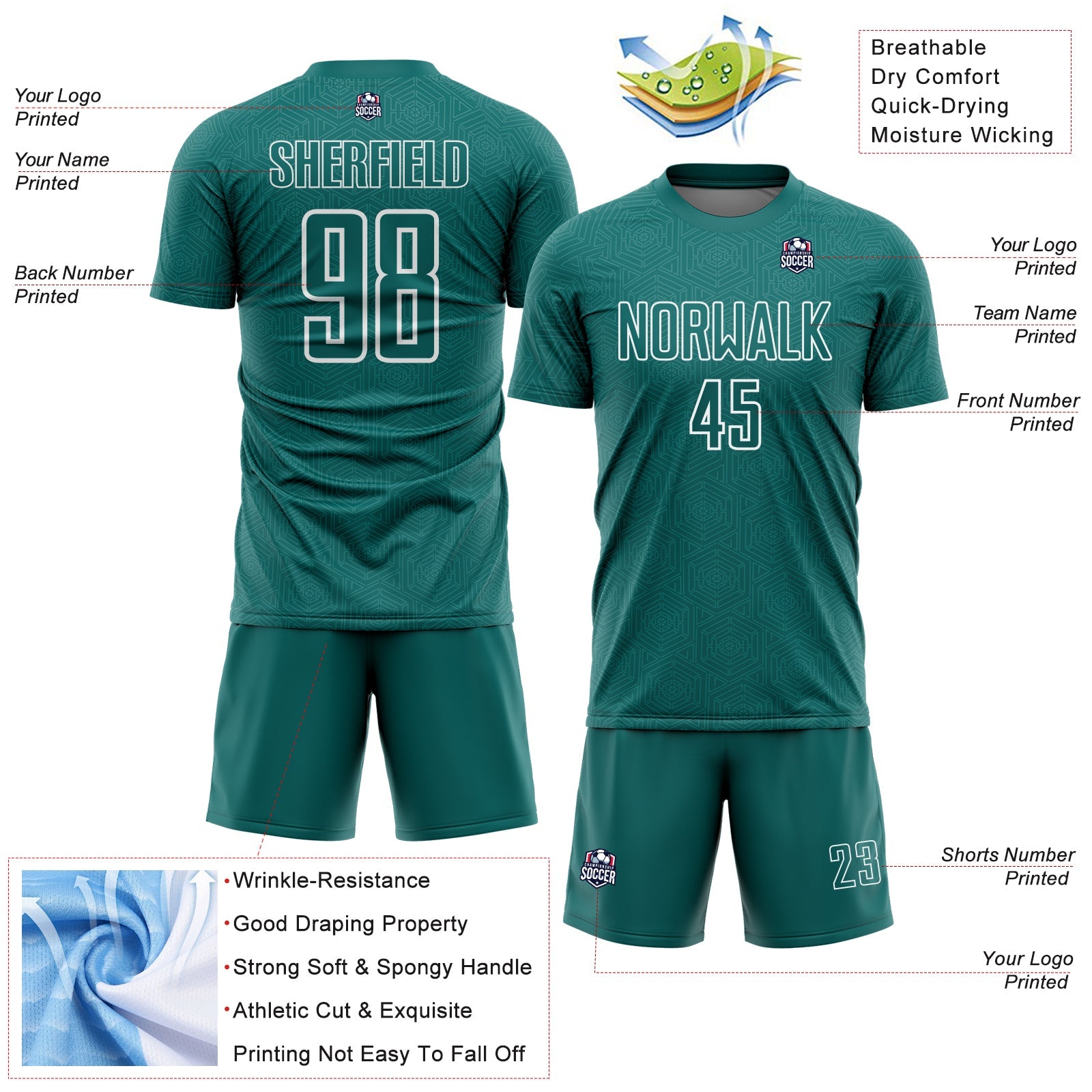 Custom Teal White Geometric Shape Sports Sublimation Soccer Uniform Jersey