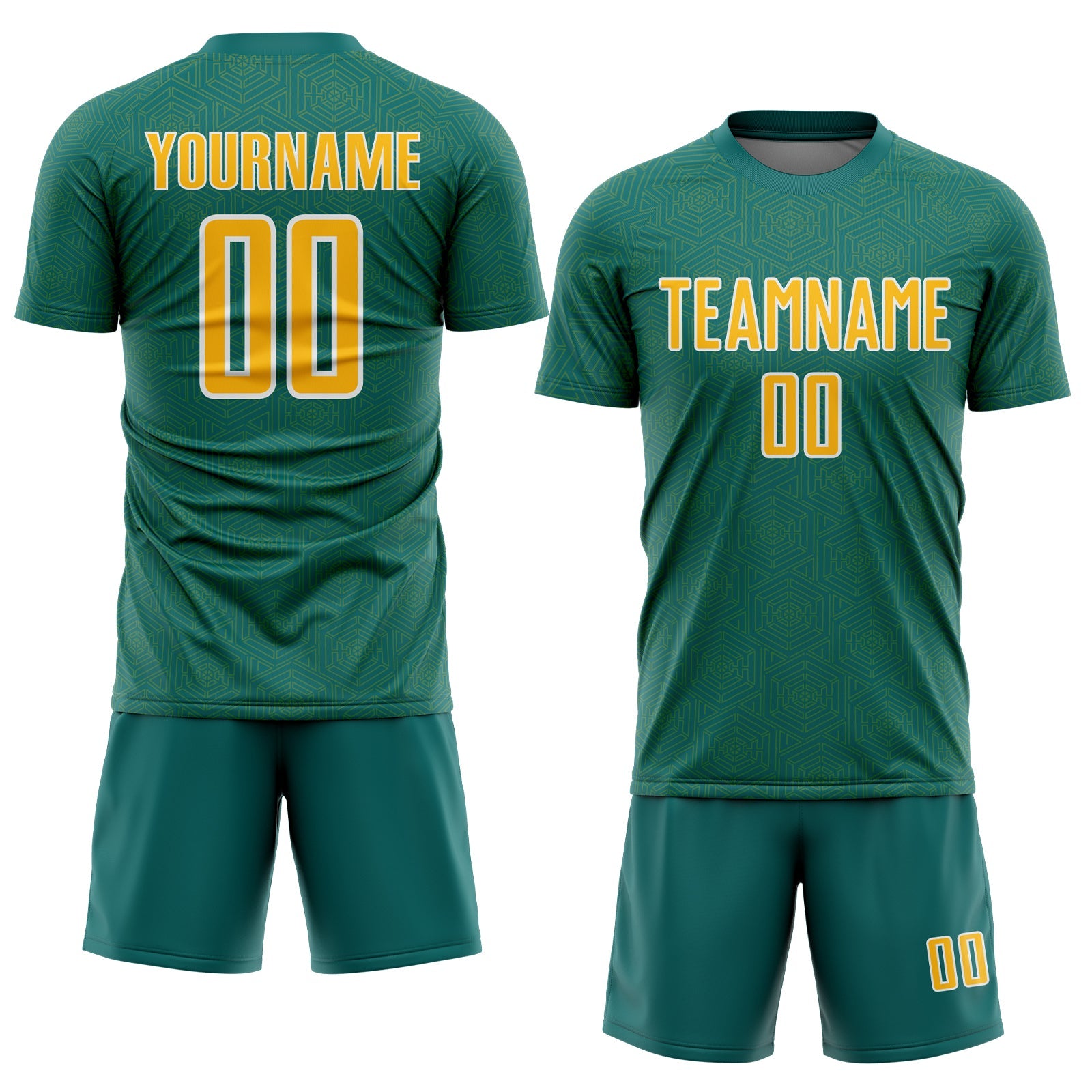 Custom Teal Gold-White Geometric Shape Sports Sublimation Soccer Uniform Jersey