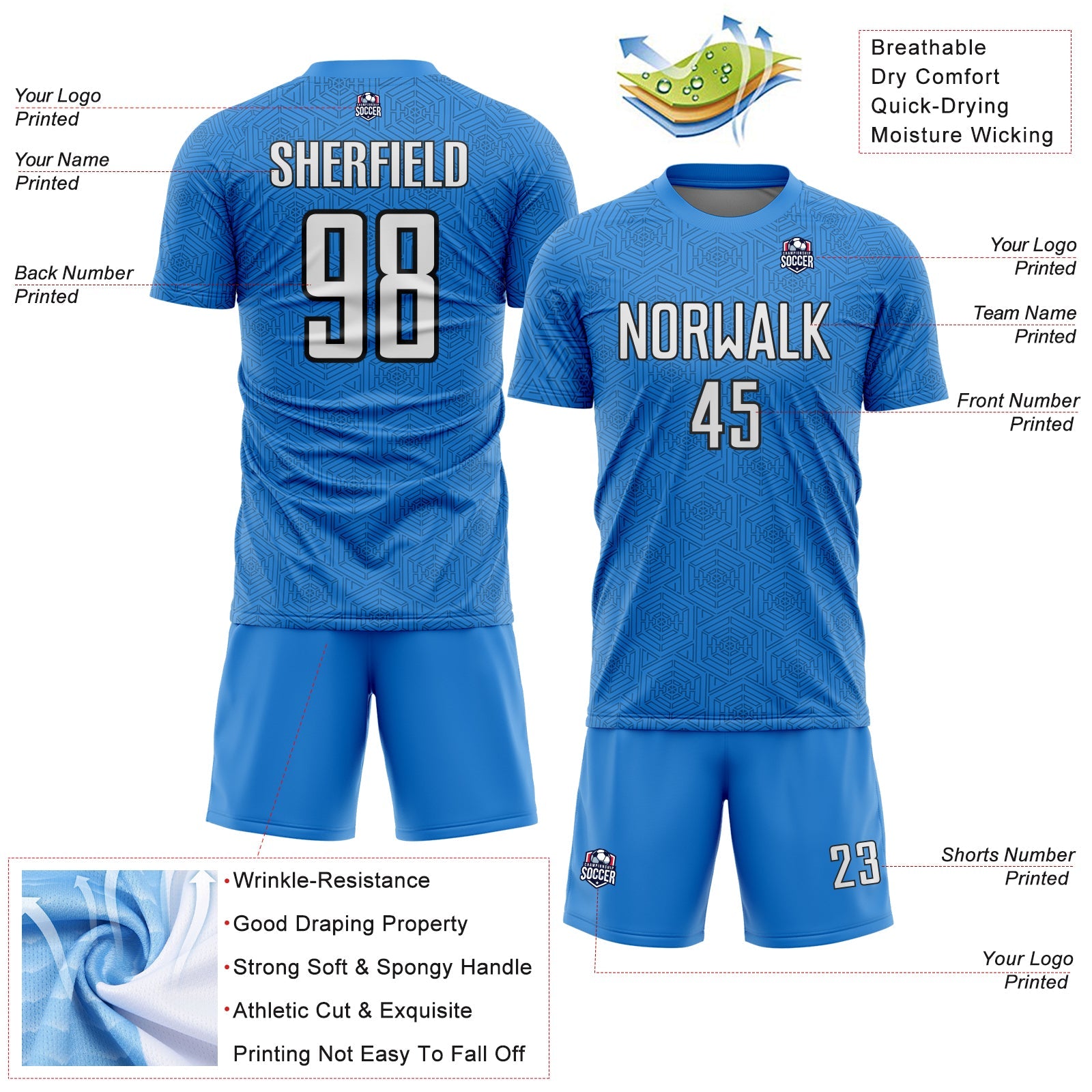 Custom Powder Blue White-Black Geometric Shape Sports Sublimation Soccer Uniform Jersey
