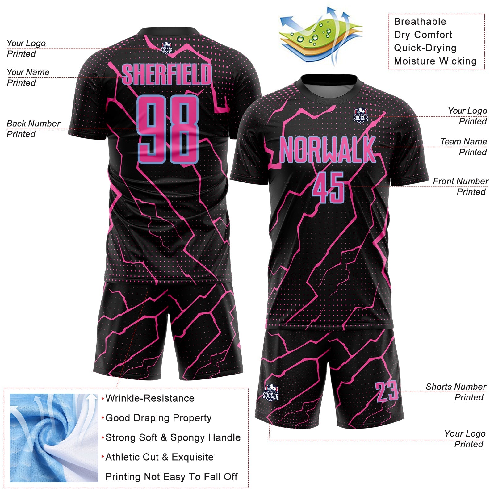 Custom Black Pink-Light Blue Lightning Sports Sublimation Soccer Uniform Jersey
