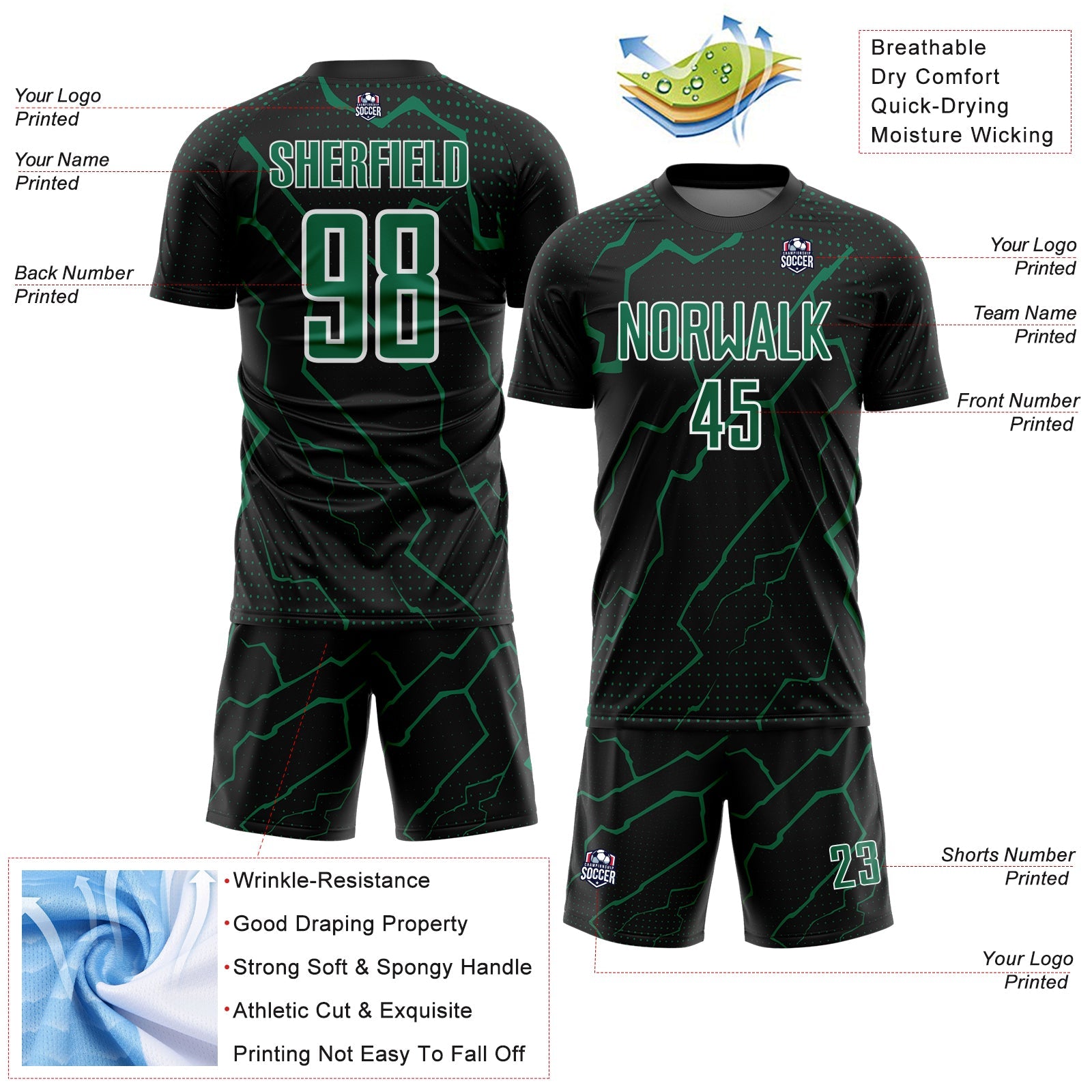 Custom Black Kelly Green-White Lightning Sports Sublimation Soccer Uniform Jersey