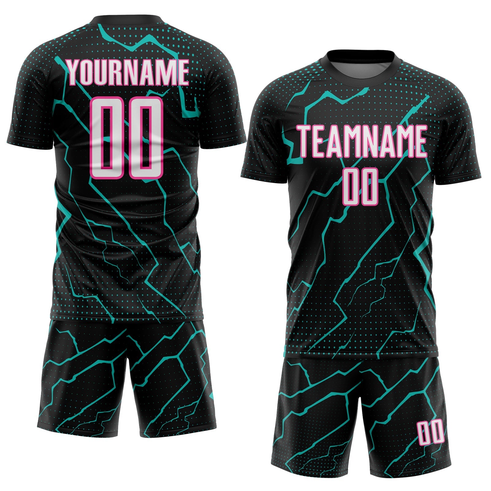 Custom Black White Aqua-Pink Lightning Sports Sublimation Soccer Uniform Jersey