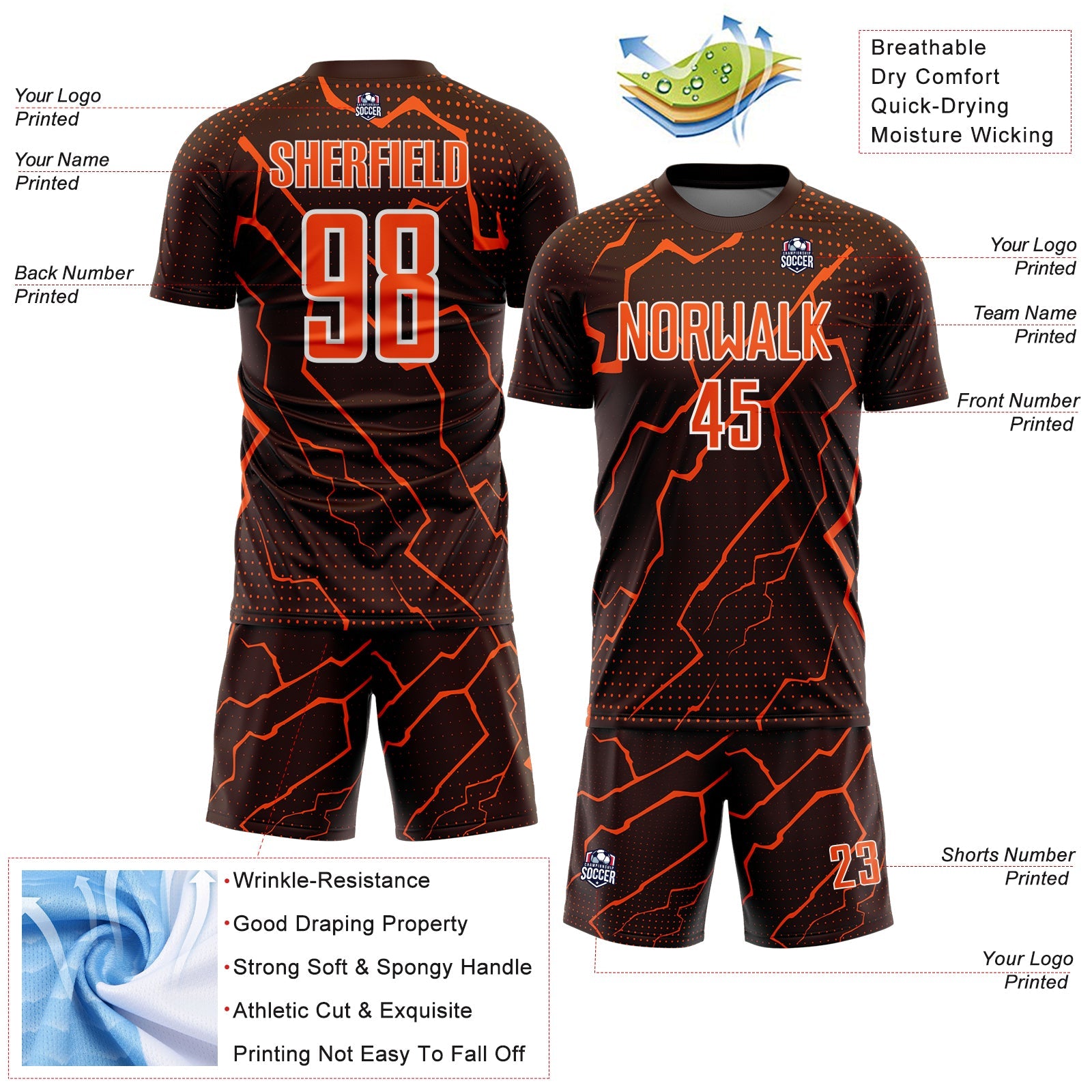 Custom Brown Orange-White Lightning Sports Sublimation Soccer Uniform Jersey