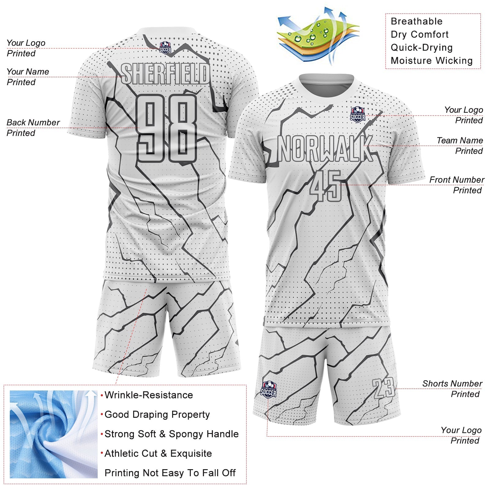 Custom White Steel Gray Lightning Sports Sublimation Soccer Uniform Jersey