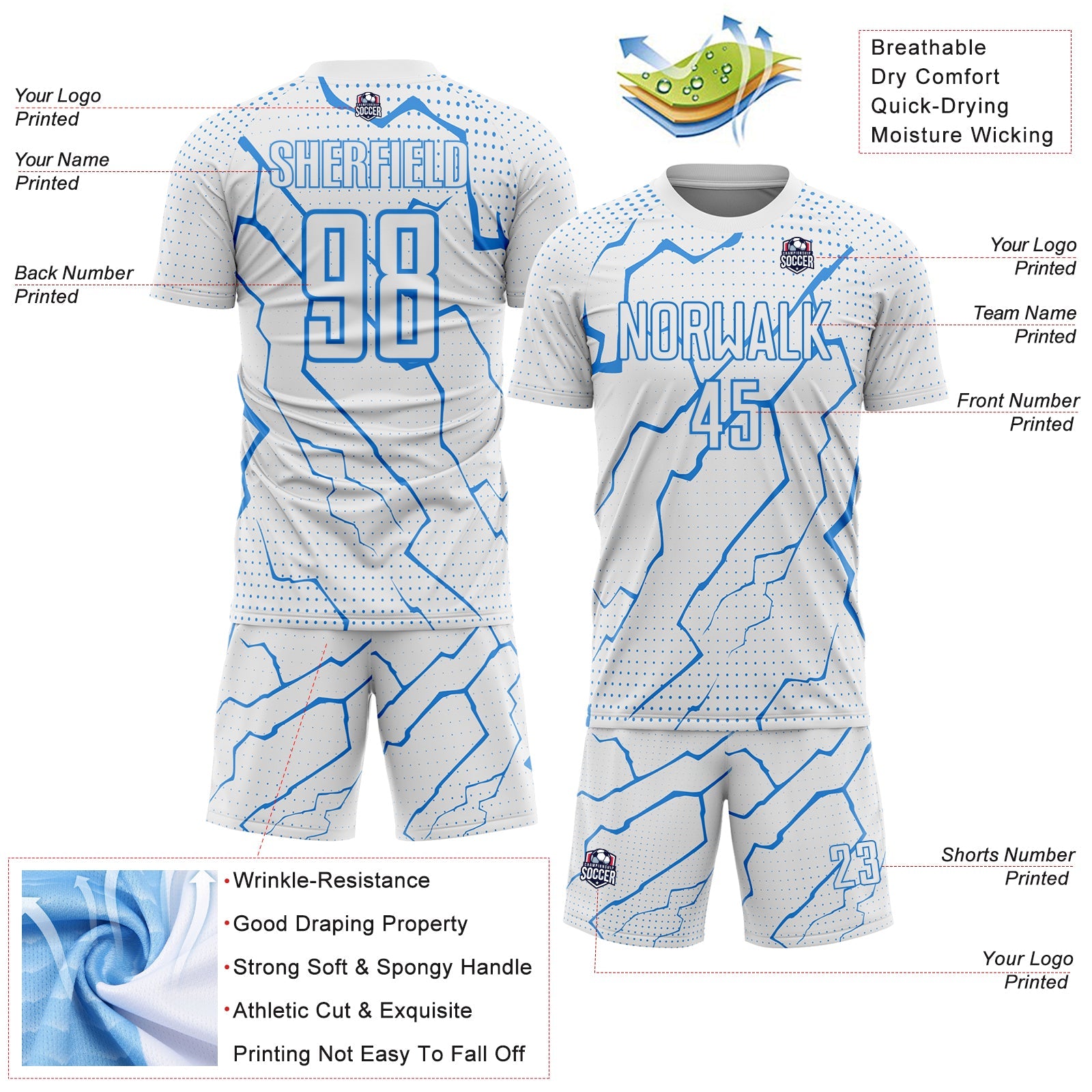 Custom White Powder Blue Lightning Sports Sublimation Soccer Uniform Jersey