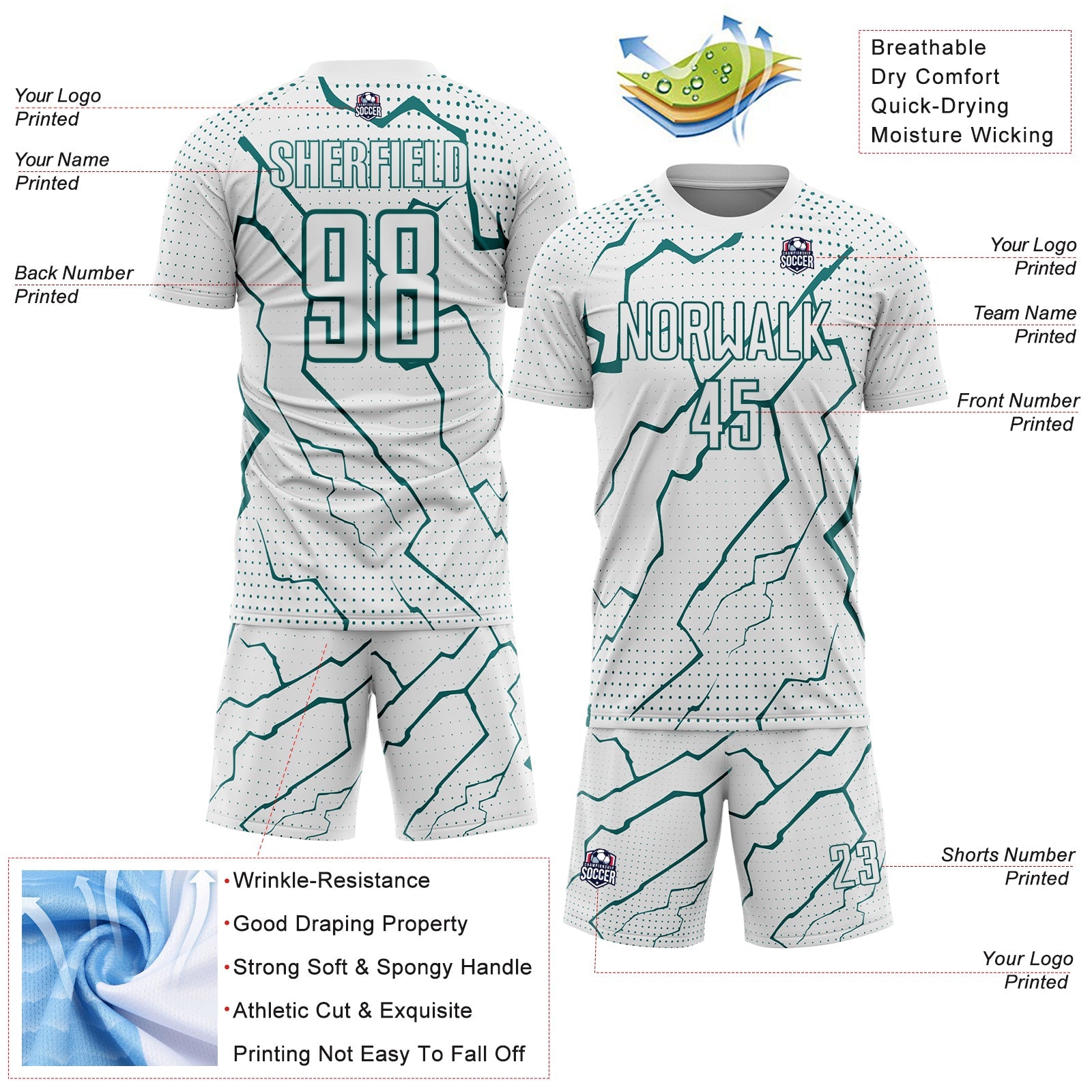 Custom White Teal Lightning Sports Sublimation Soccer Uniform Jersey