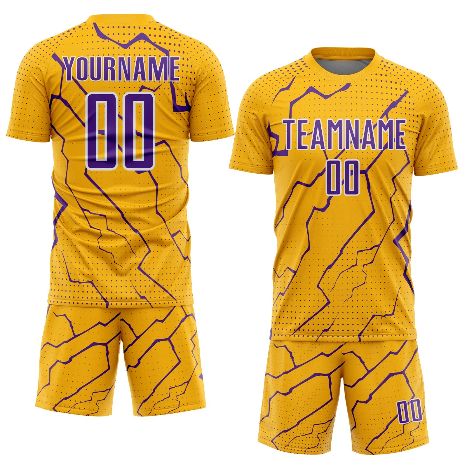 Custom Gold Purple-White Lightning Sports Sublimation Soccer Uniform Jersey