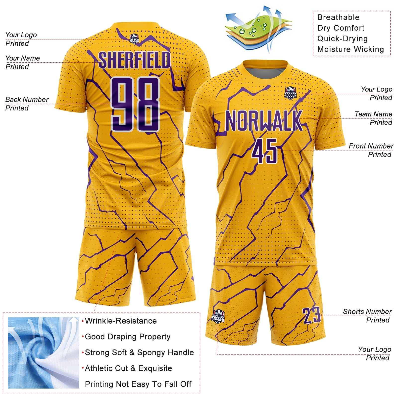 Custom Gold Purple-White Lightning Sports Sublimation Soccer Uniform Jersey