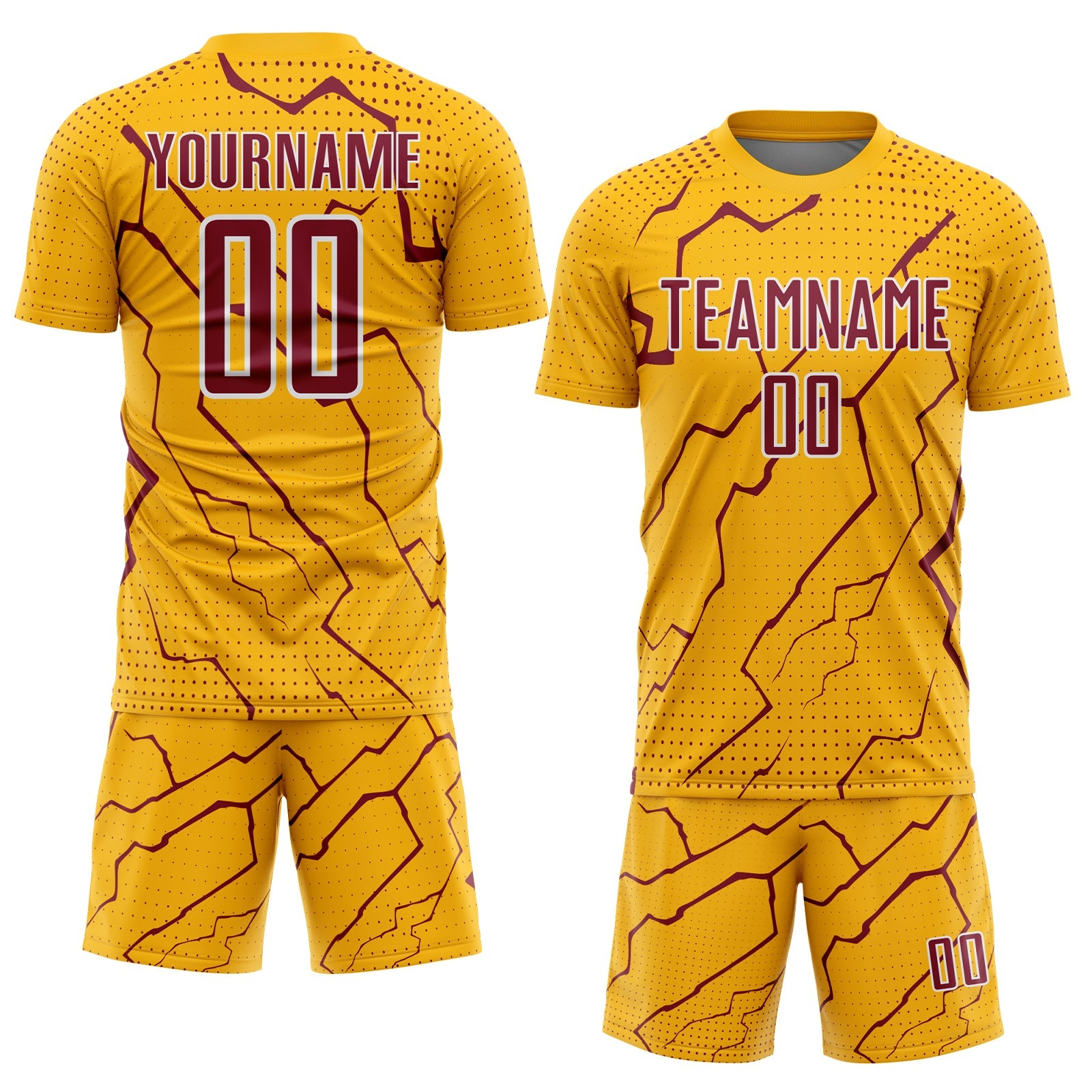 Custom Gold Crimson-White Lightning Sports Sublimation Soccer Uniform Jersey