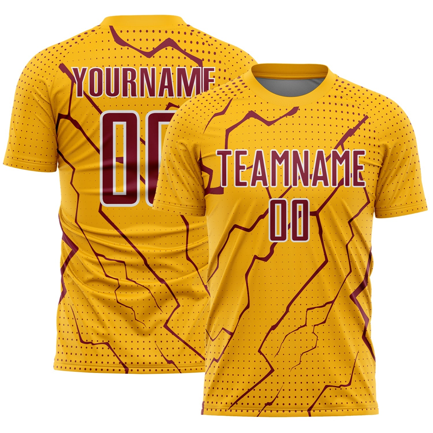 Custom Gold Crimson-White Lightning Sports Sublimation Soccer Uniform Jersey
