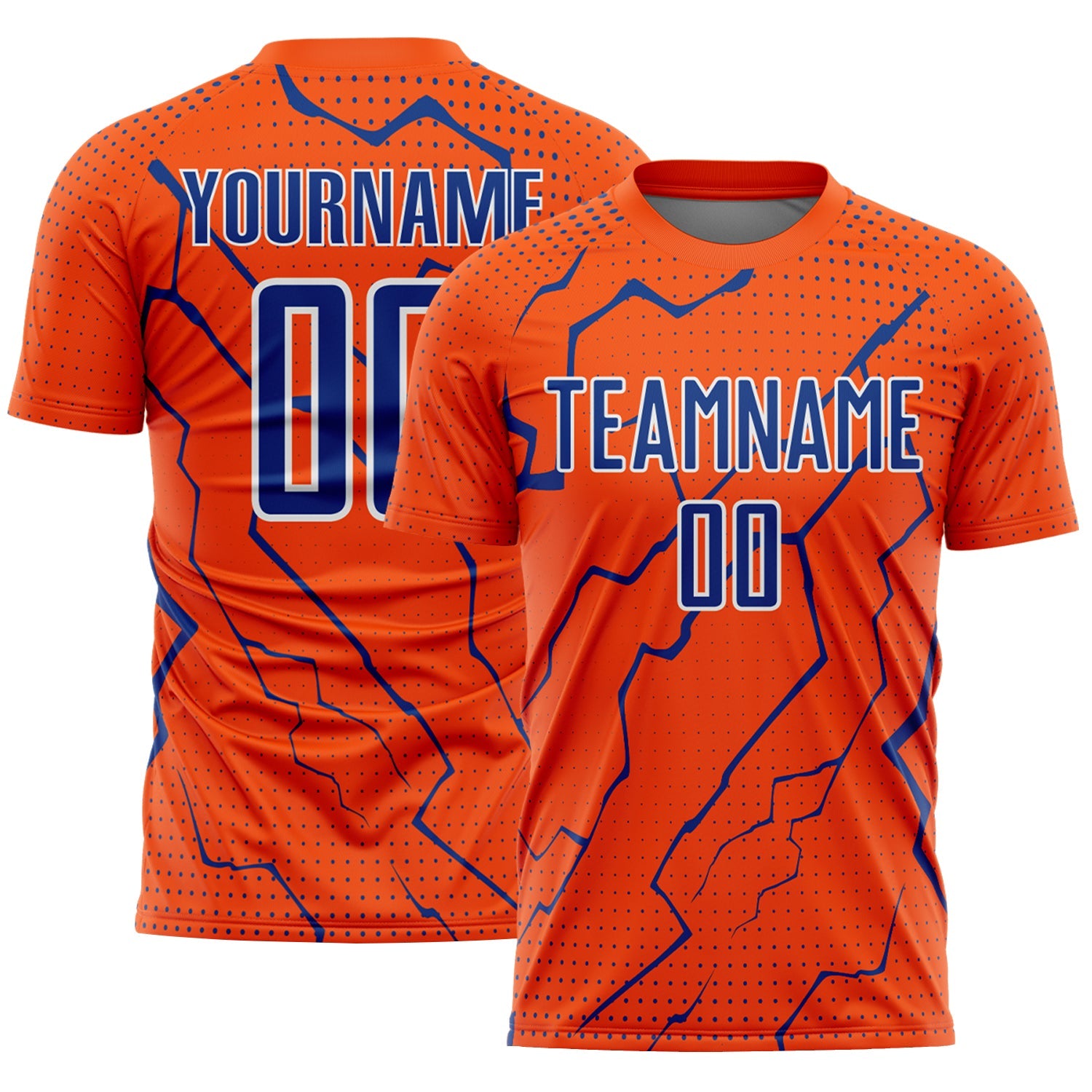 Custom Orange Royal-White Lightning Sports Sublimation Soccer Uniform Jersey