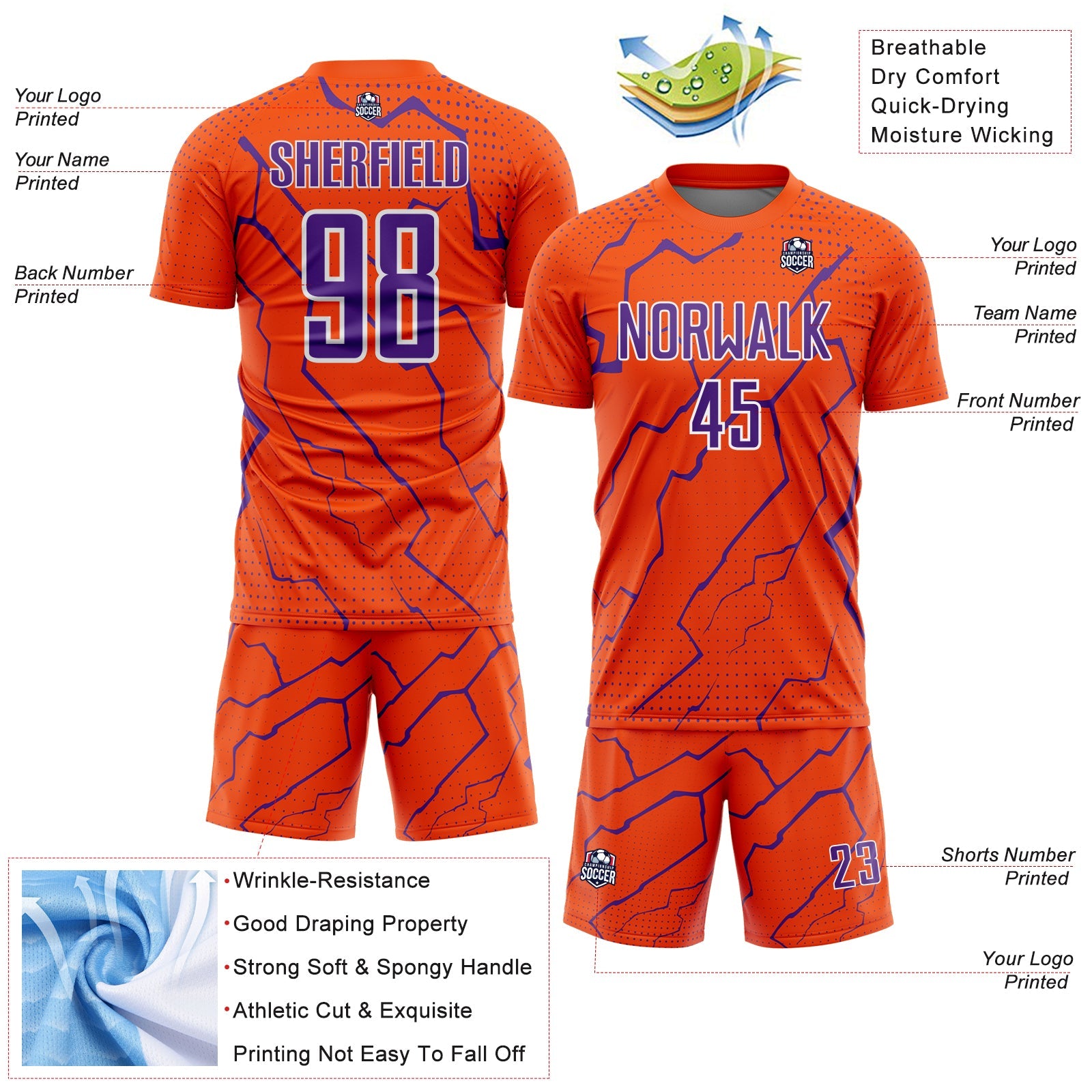 Custom Orange Purple-White Lightning Sports Sublimation Soccer Uniform Jersey
