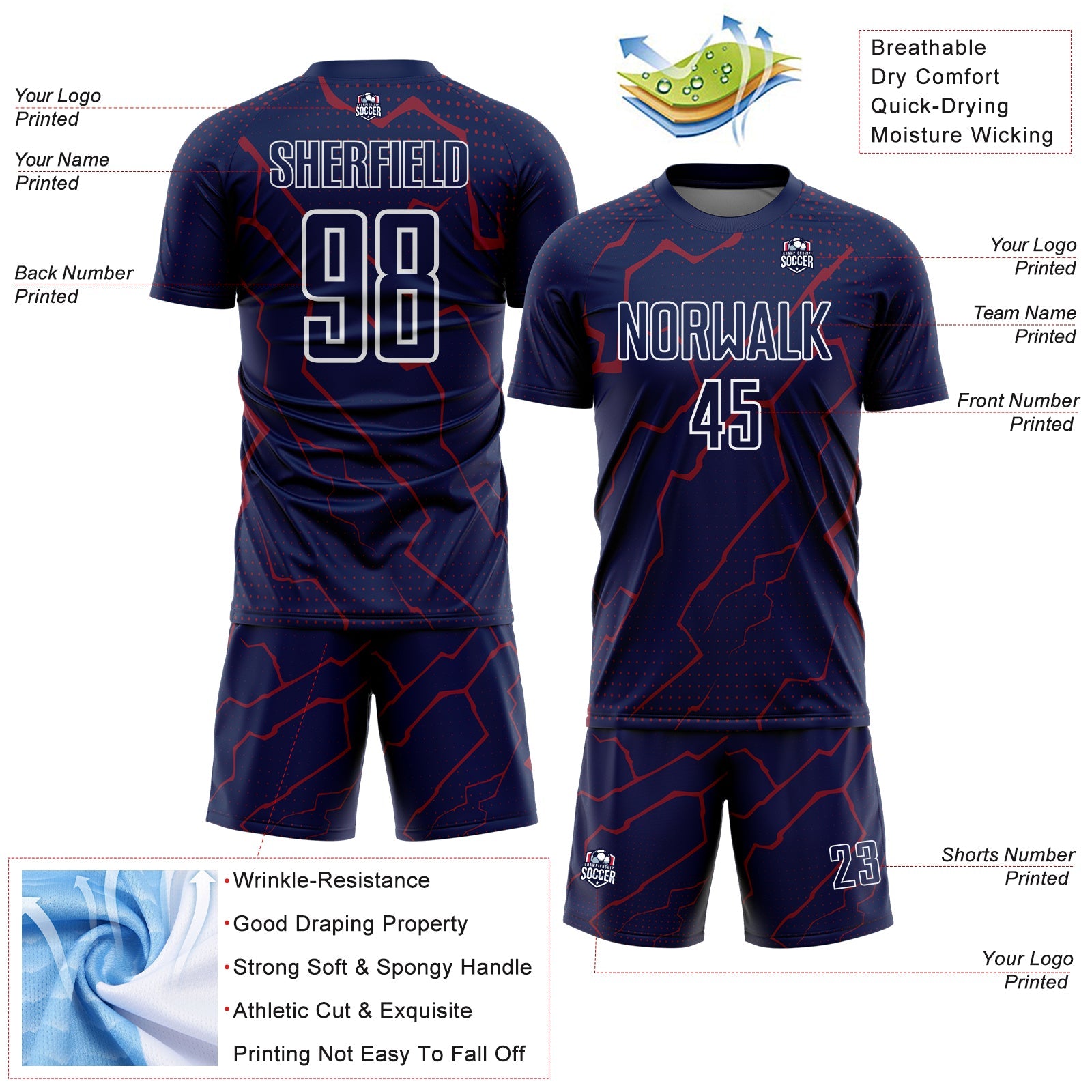 Custom Navy Crimson-White Lightning Sports Sublimation Soccer Uniform Jersey