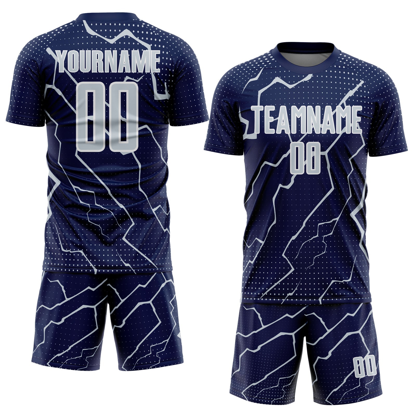 Custom Navy Silver-White Lightning Sports Sublimation Soccer Uniform Jersey