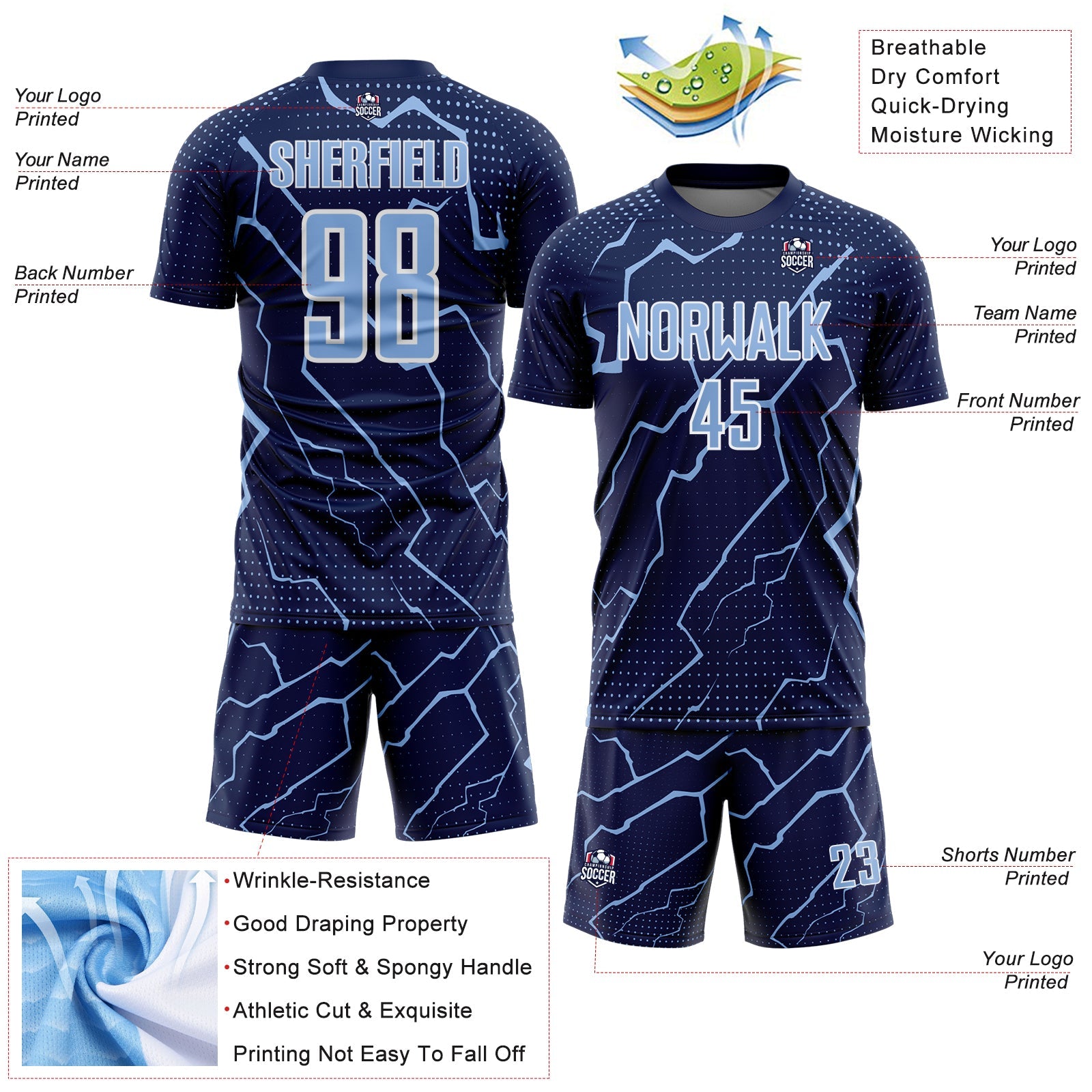 Custom Navy Light Blue-White Lightning Sports Sublimation Soccer Uniform Jersey