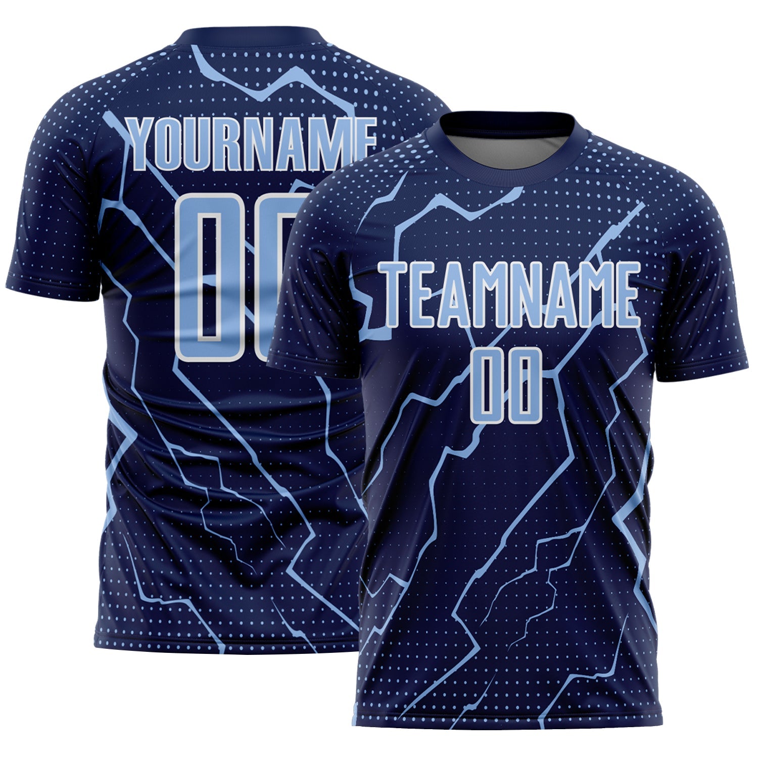 Custom Navy Light Blue-White Lightning Sports Sublimation Soccer Uniform Jersey