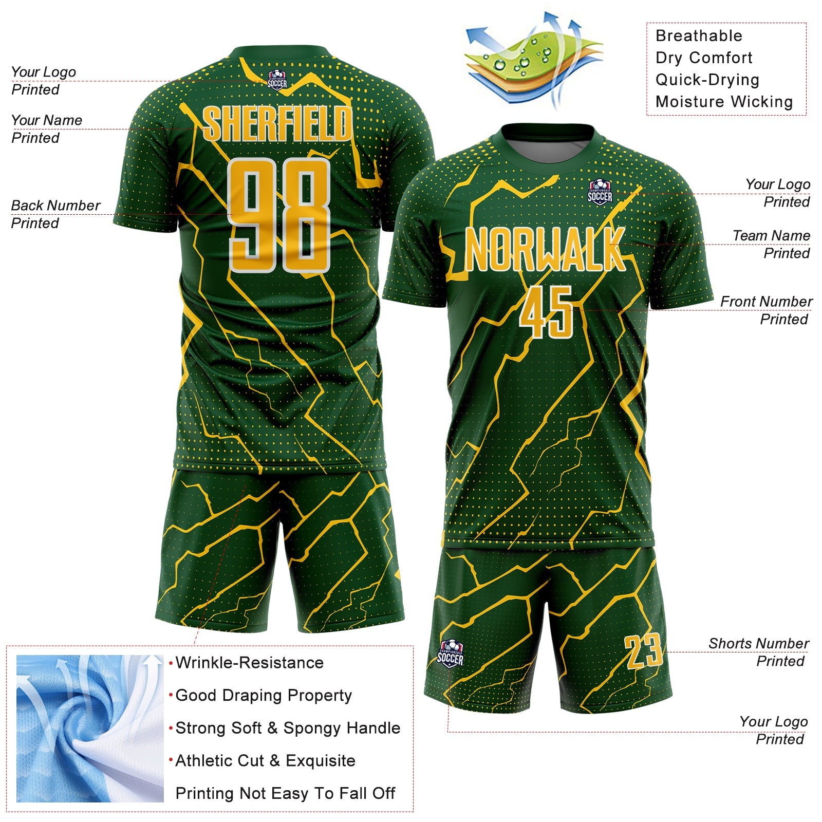 Custom Green Yellow-White Lightning Sports Sublimation Soccer Uniform Jersey