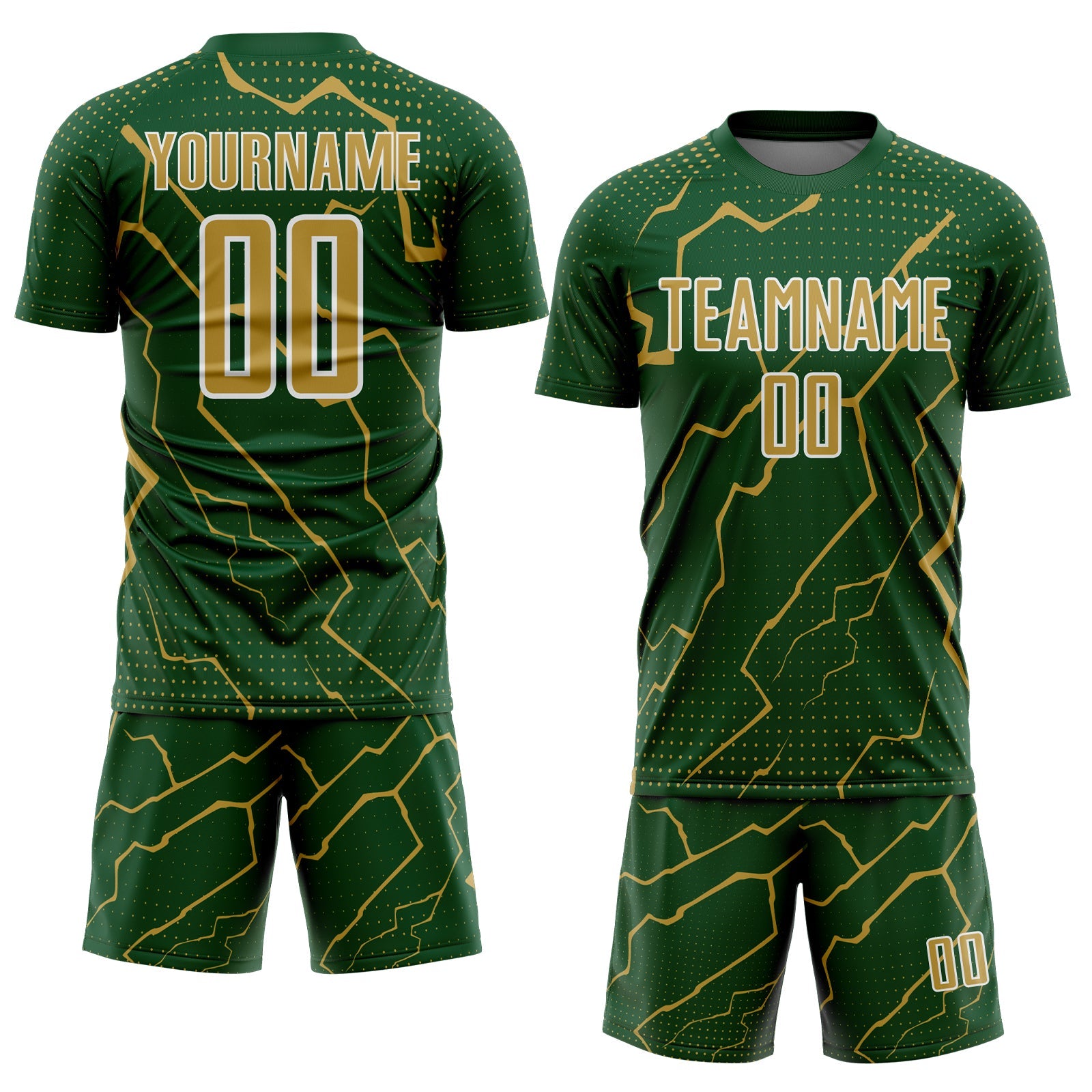 Custom Green Old Gold-White Lightning Sports Sublimation Soccer Uniform Jersey
