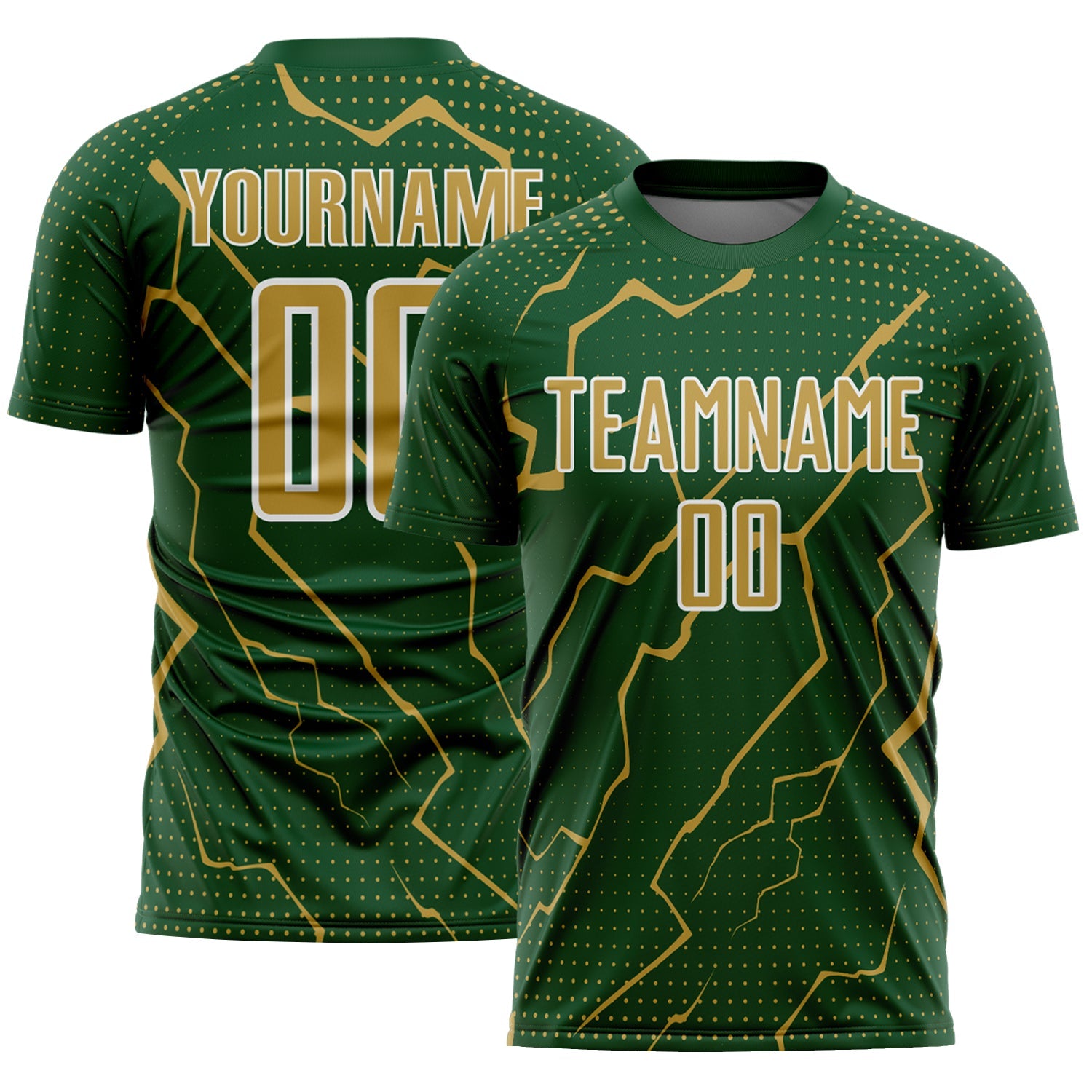 Custom Green Old Gold-White Lightning Sports Sublimation Soccer Uniform Jersey