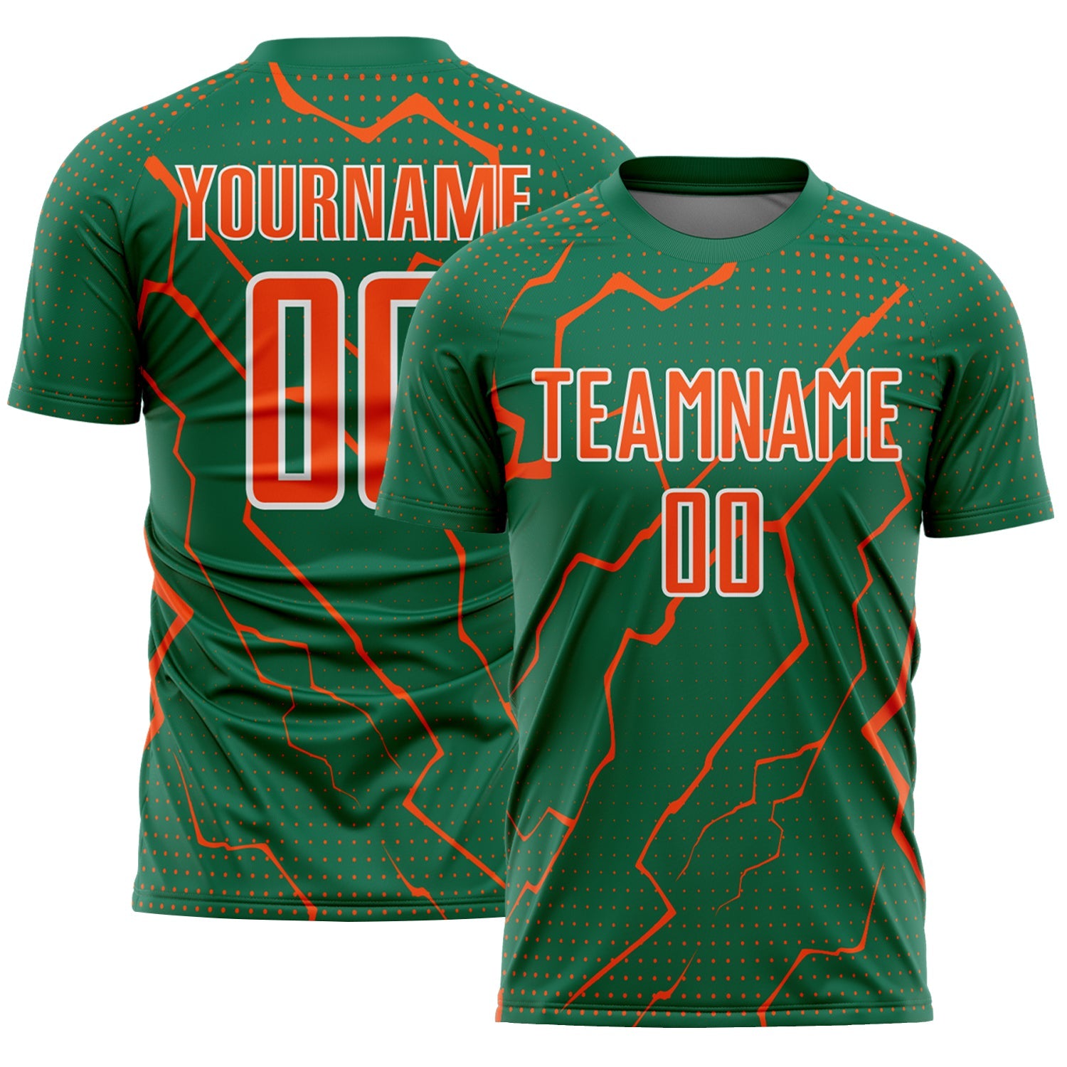 Custom Kelly Green Orange-White Lightning Sports Sublimation Soccer Uniform Jersey