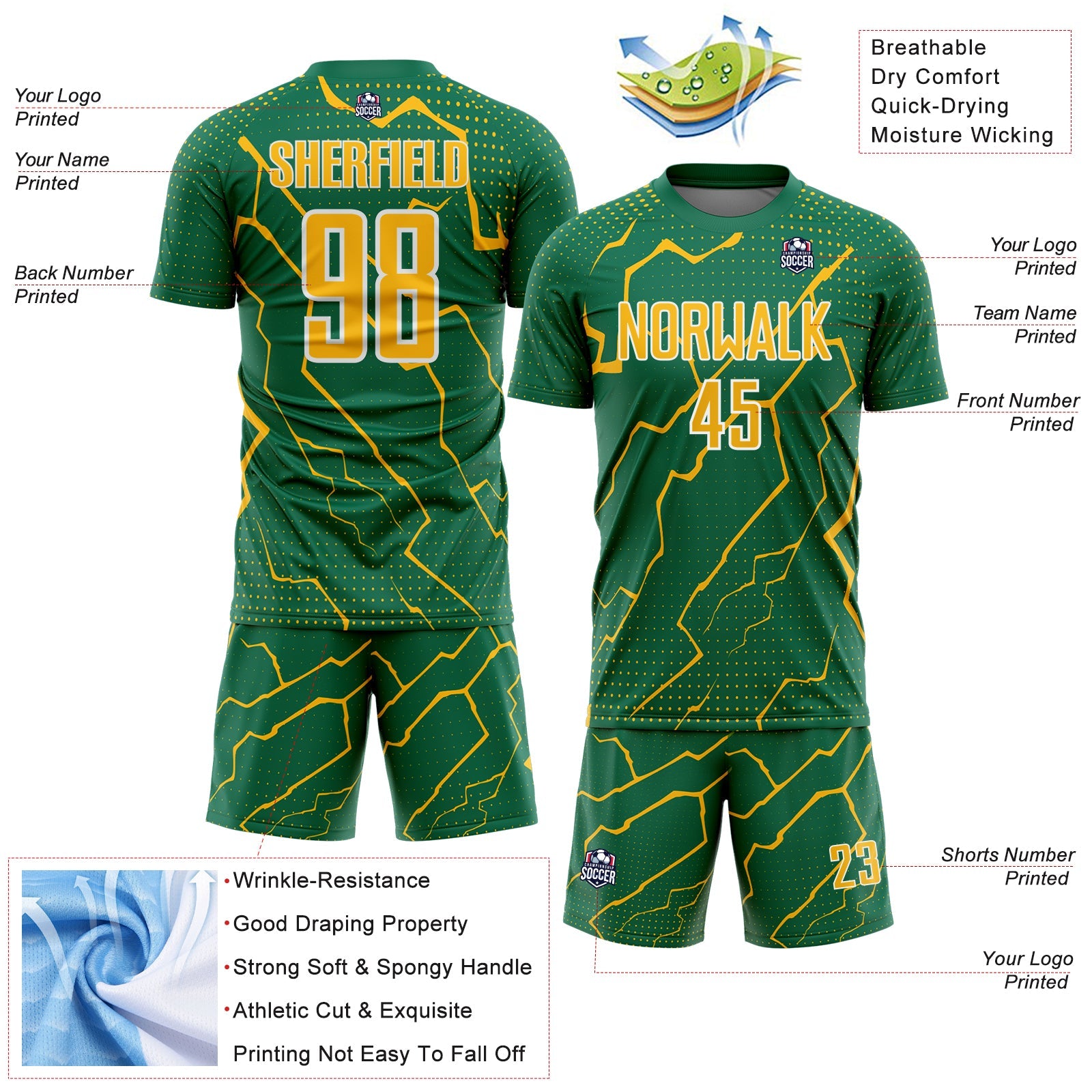 Custom Kelly Green Gold-White Lightning Sports Sublimation Soccer Uniform Jersey