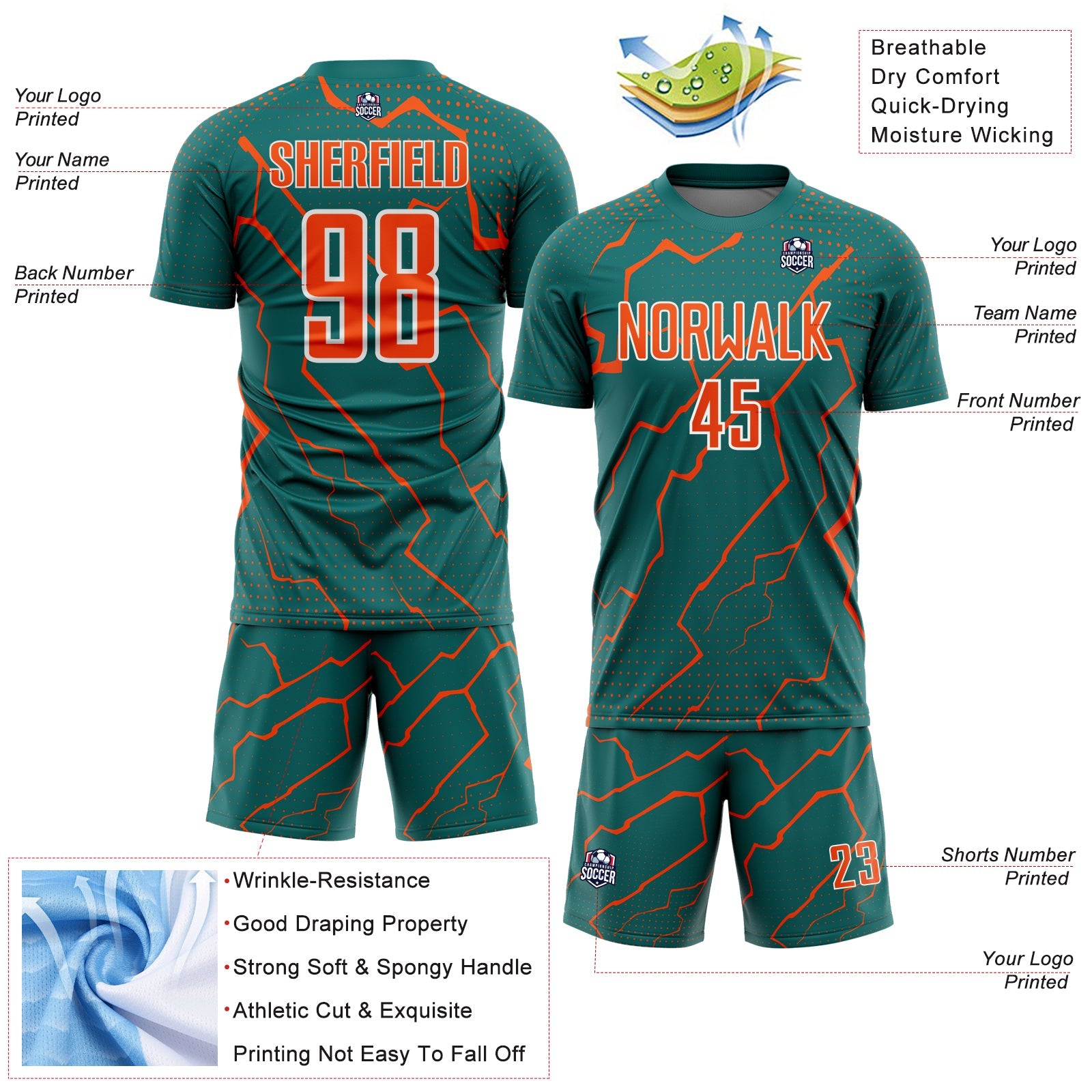Custom Teal Orange-White Lightning Sports Sublimation Soccer Uniform Jersey