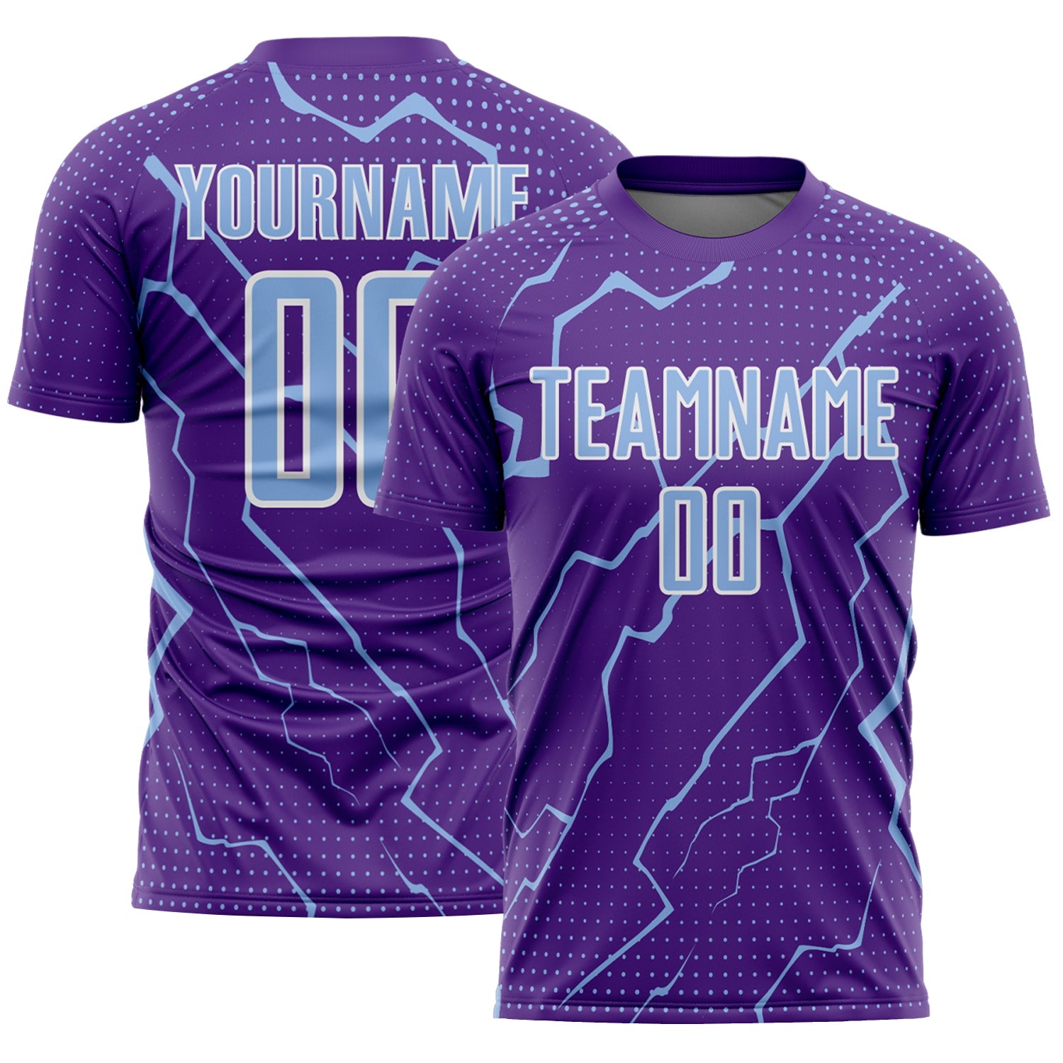Custom Purple Light Blue-White Lightning Sports Sublimation Soccer Uniform Jersey