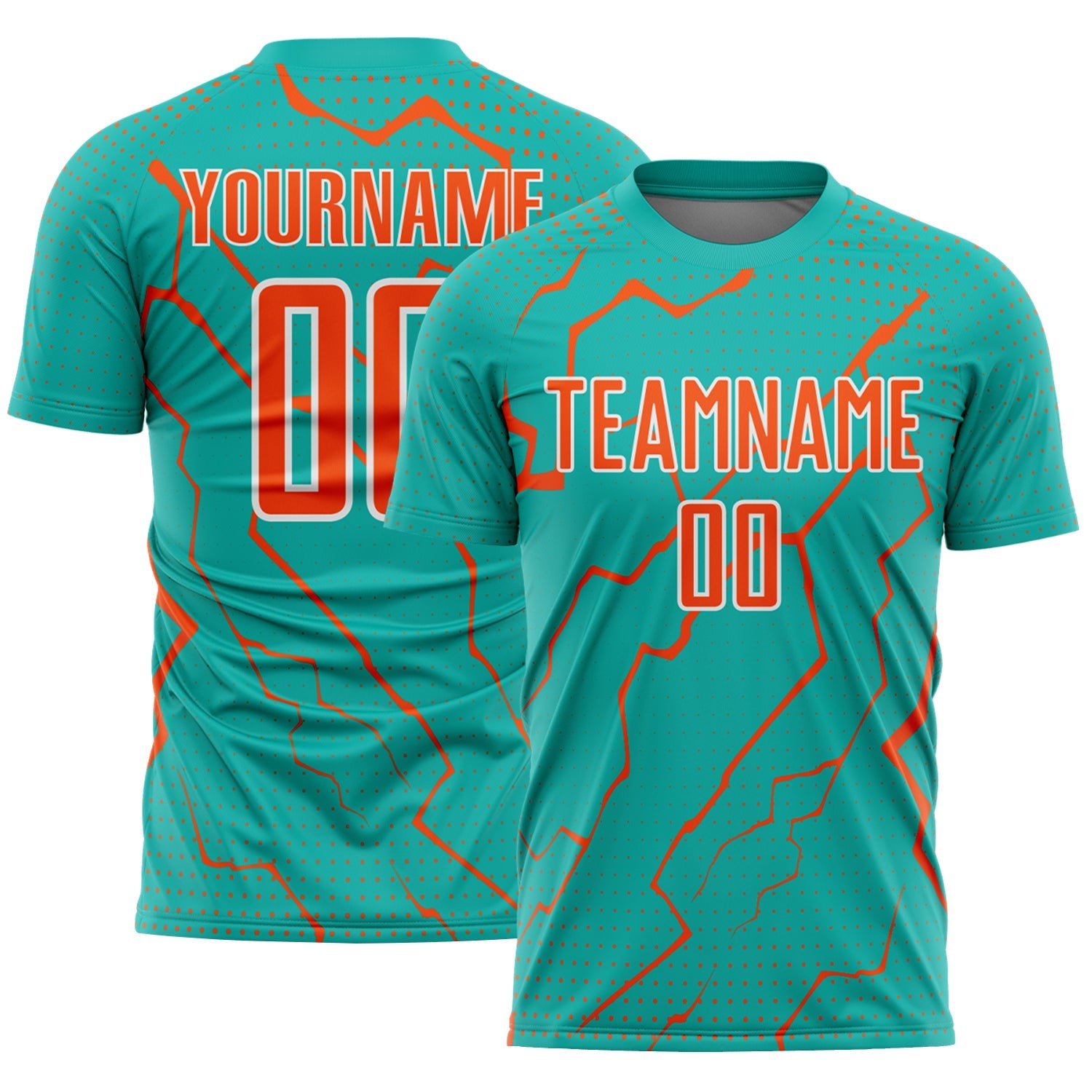 Custom Aqua Orange-White Lightning Sports Sublimation Soccer Uniform Jersey