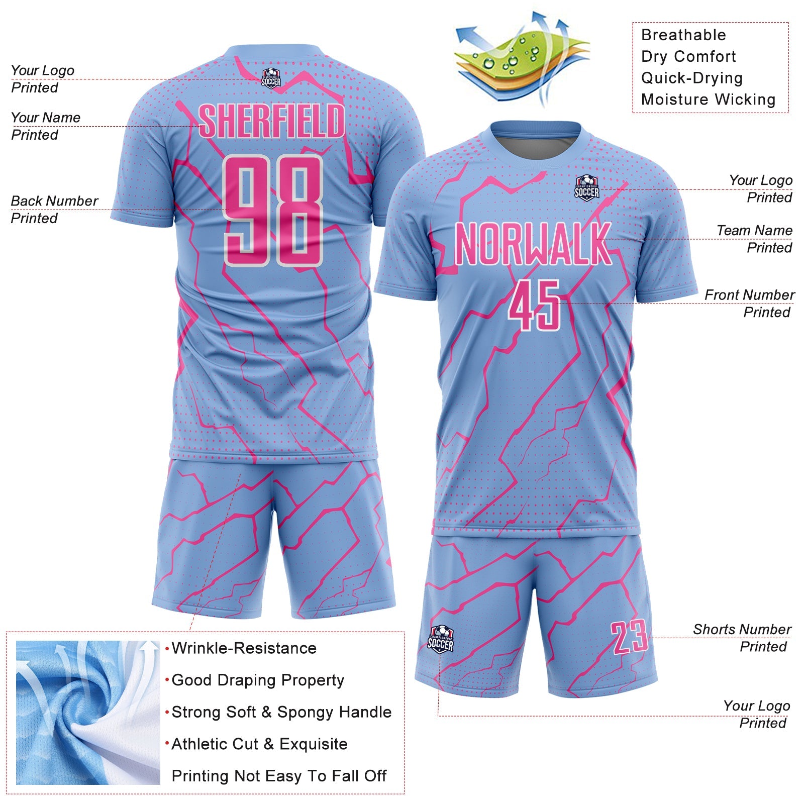 Custom Light Blue Pink-White Lightning Sports Sublimation Soccer Uniform Jersey