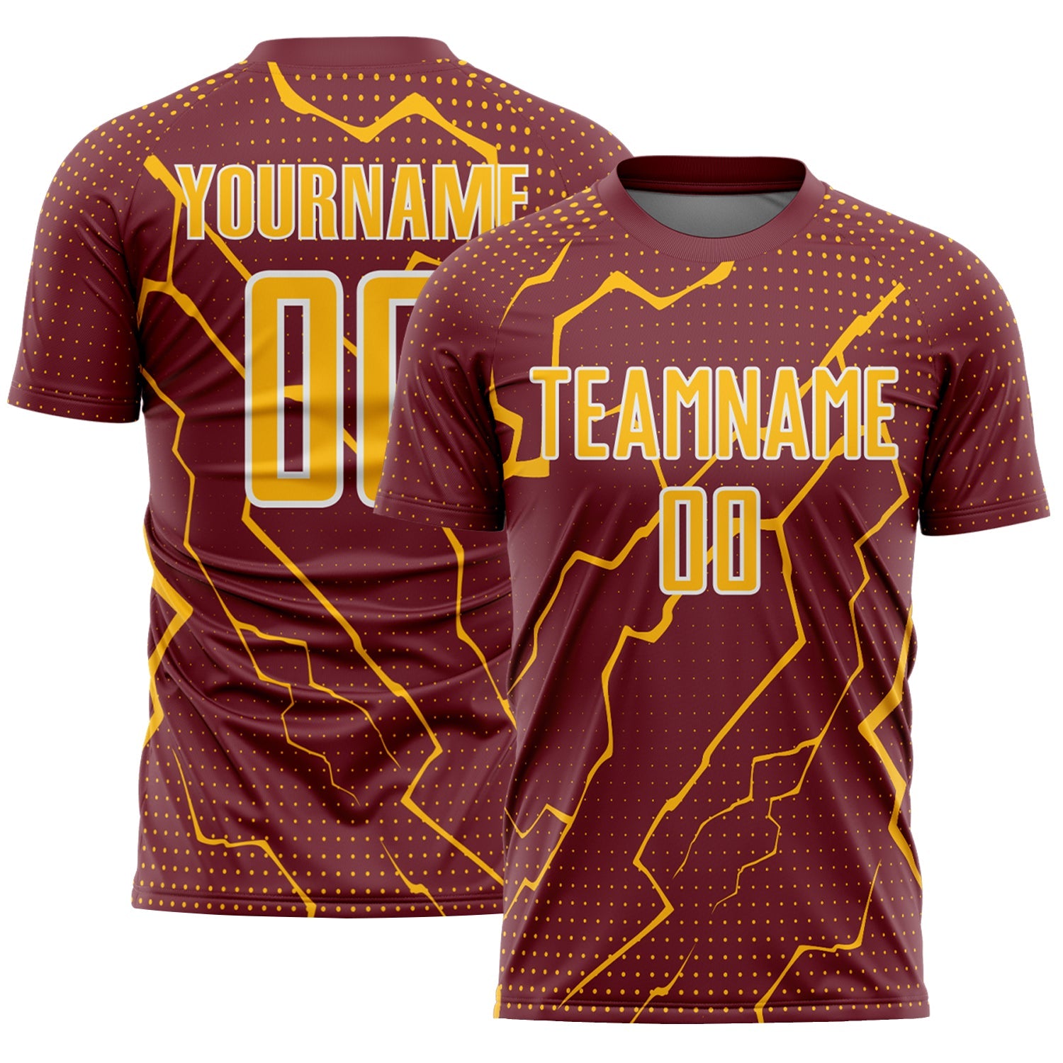 Custom Burgundy Gold-White Lightning Sports Sublimation Soccer Uniform Jersey