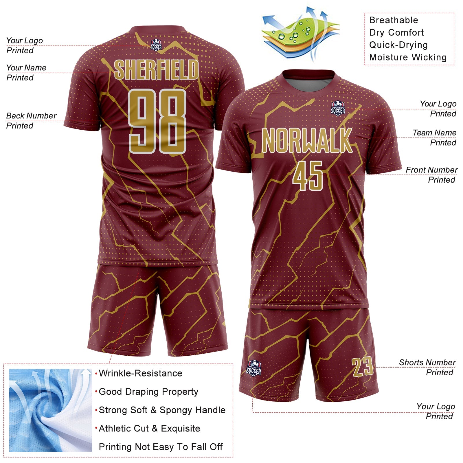 Custom Burgundy Old Gold-White Lightning Sports Sublimation Soccer Uniform Jersey