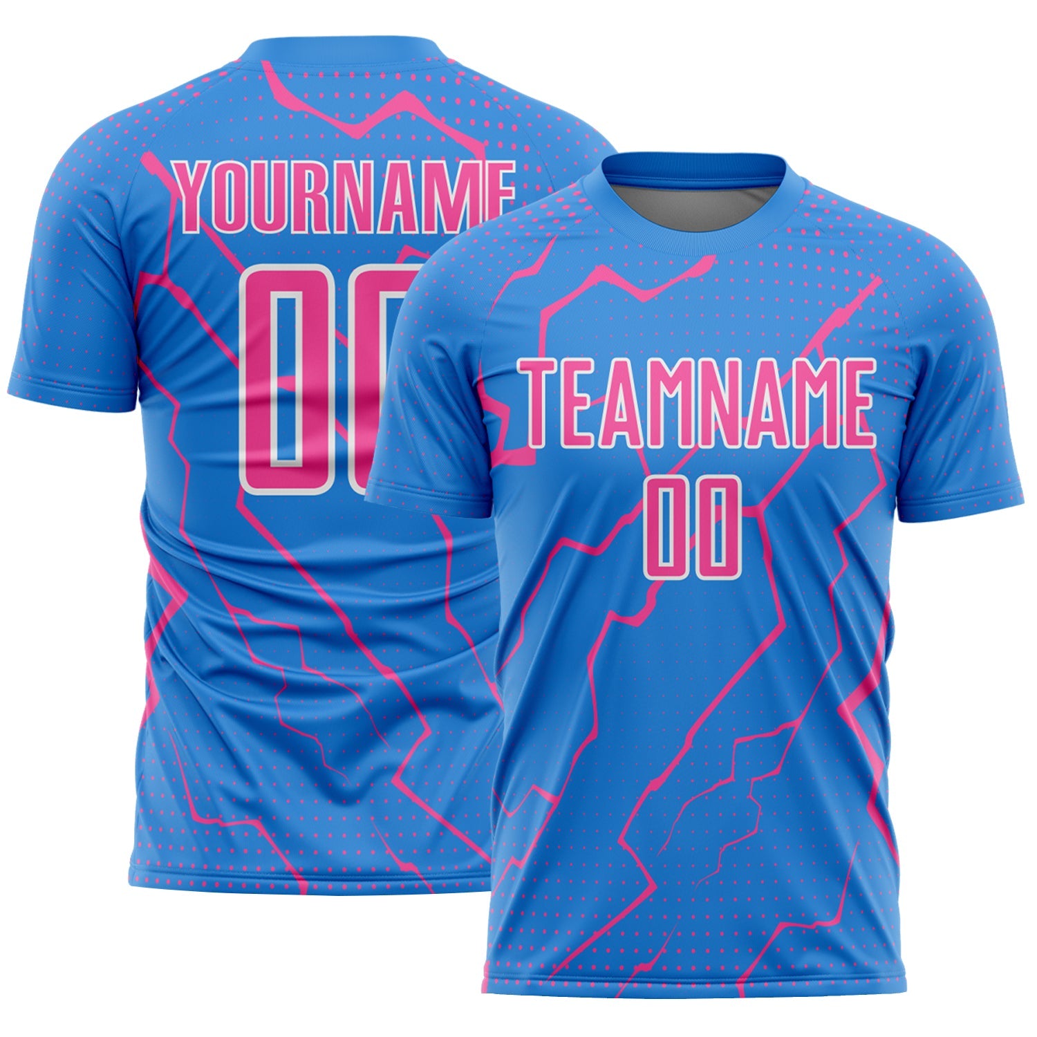 Custom Powder Blue Pink-White Lightning Sports Sublimation Soccer Uniform Jersey