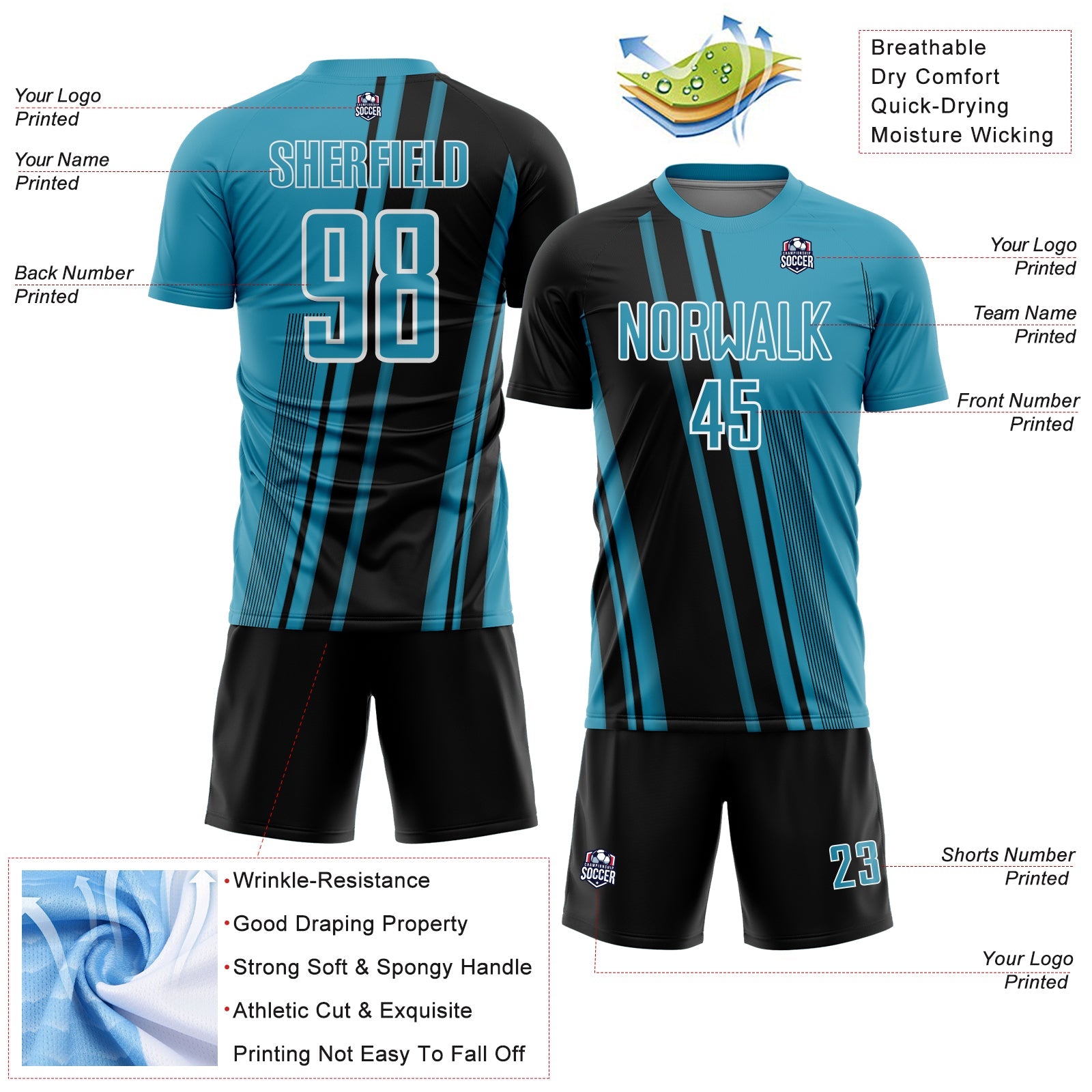 Custom Panther Blue Black-White Lines Sports Sublimation Soccer Uniform Jersey