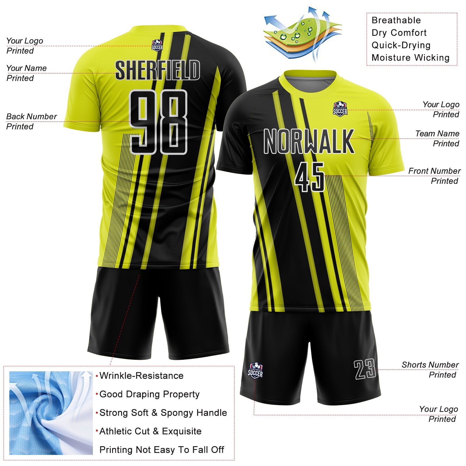 Custom Neon Yellow Black-White Lines Sports Sublimation Soccer Uniform Jersey