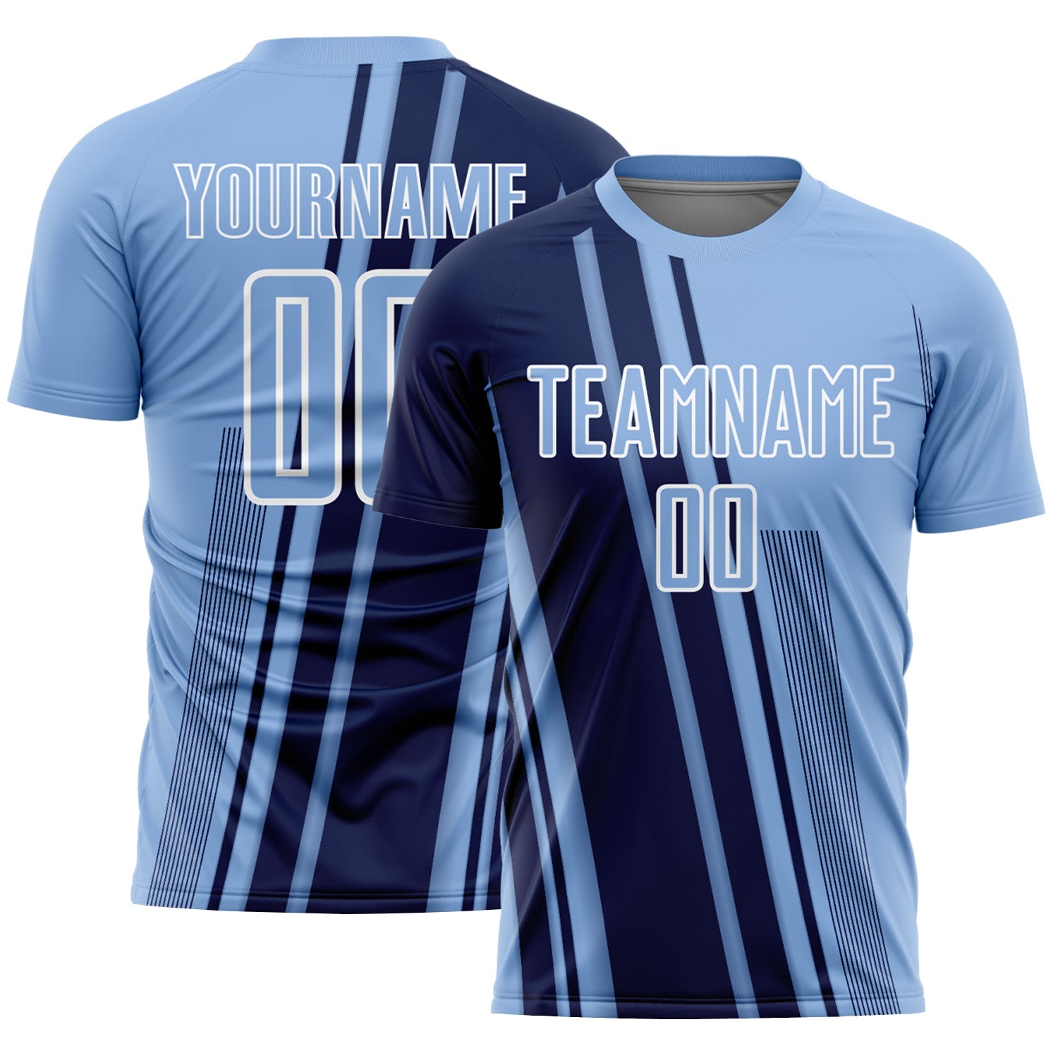 Custom Light Blue Navy-White Lines Sports Sublimation Soccer Uniform Jersey